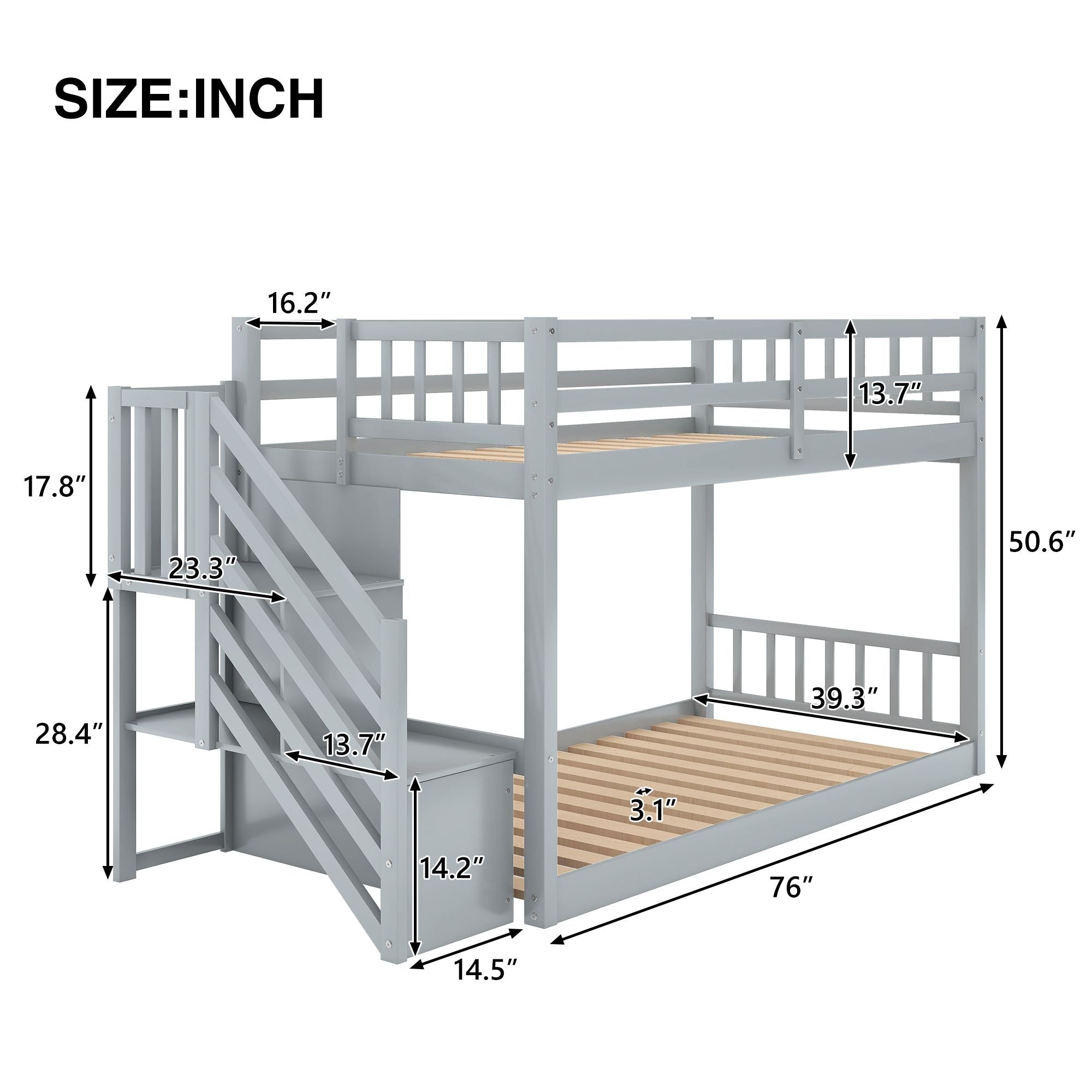 Safe Floor-Level Twin Over Twin Wood Bunk Bed with Ladder Storage, Gray or White | Just Better Bunk Beds