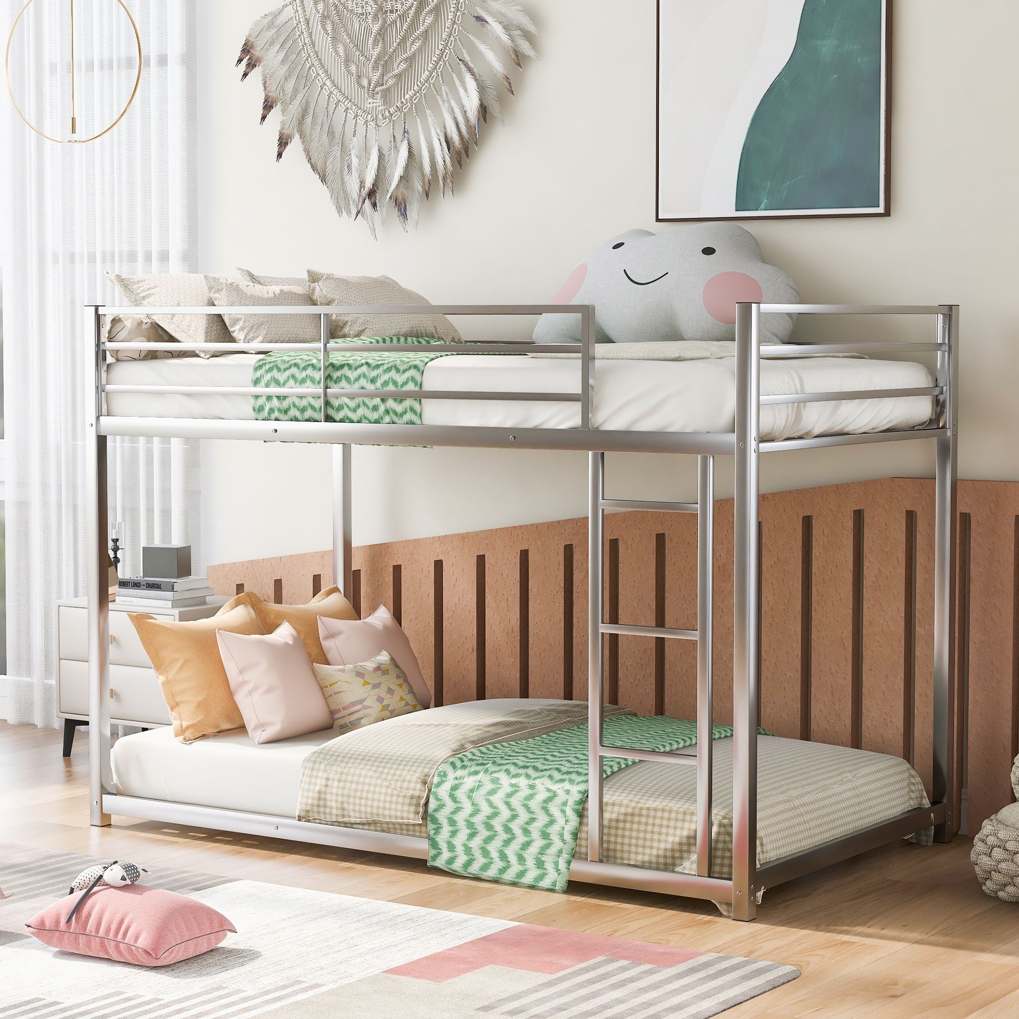 Safe Low Profile Twin Over Twin Metal Bunk Bed with Ladder in Black, White, or Silver | Just Better Bunk Beds