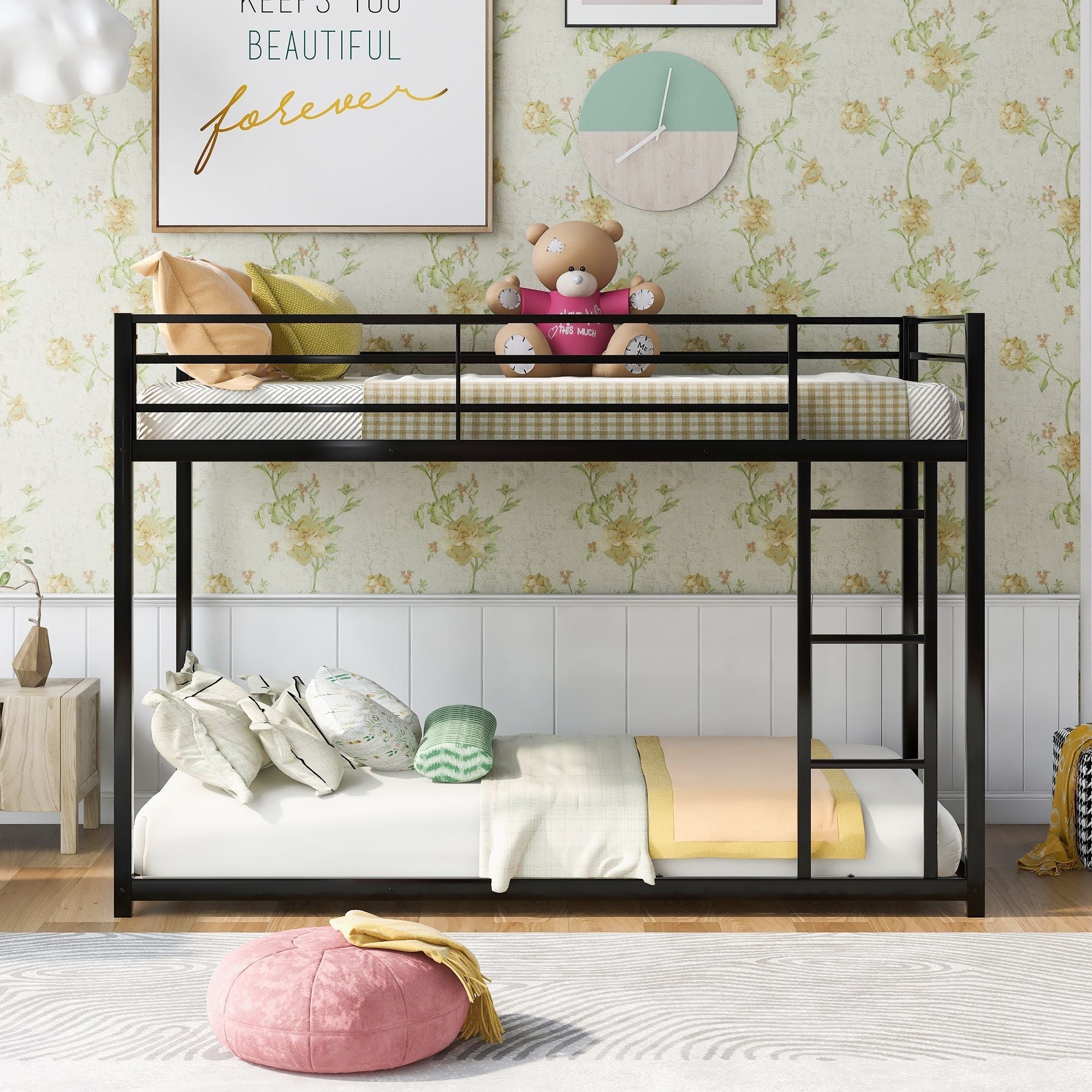 Safe Low Profile Twin Over Twin Metal Bunk Bed with Ladder in Black, White, or Silver | Just Better Bunk Beds