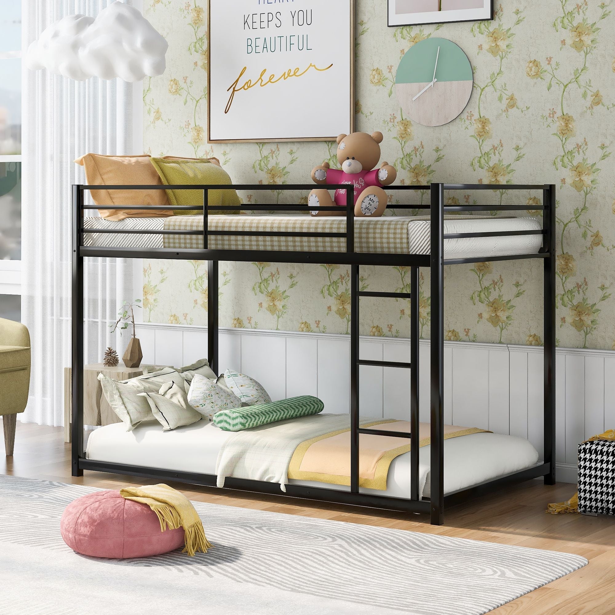 Safe Low Profile Twin Over Twin Metal Bunk Bed with Ladder in Black, White, or Silver | Just Better Bunk Beds