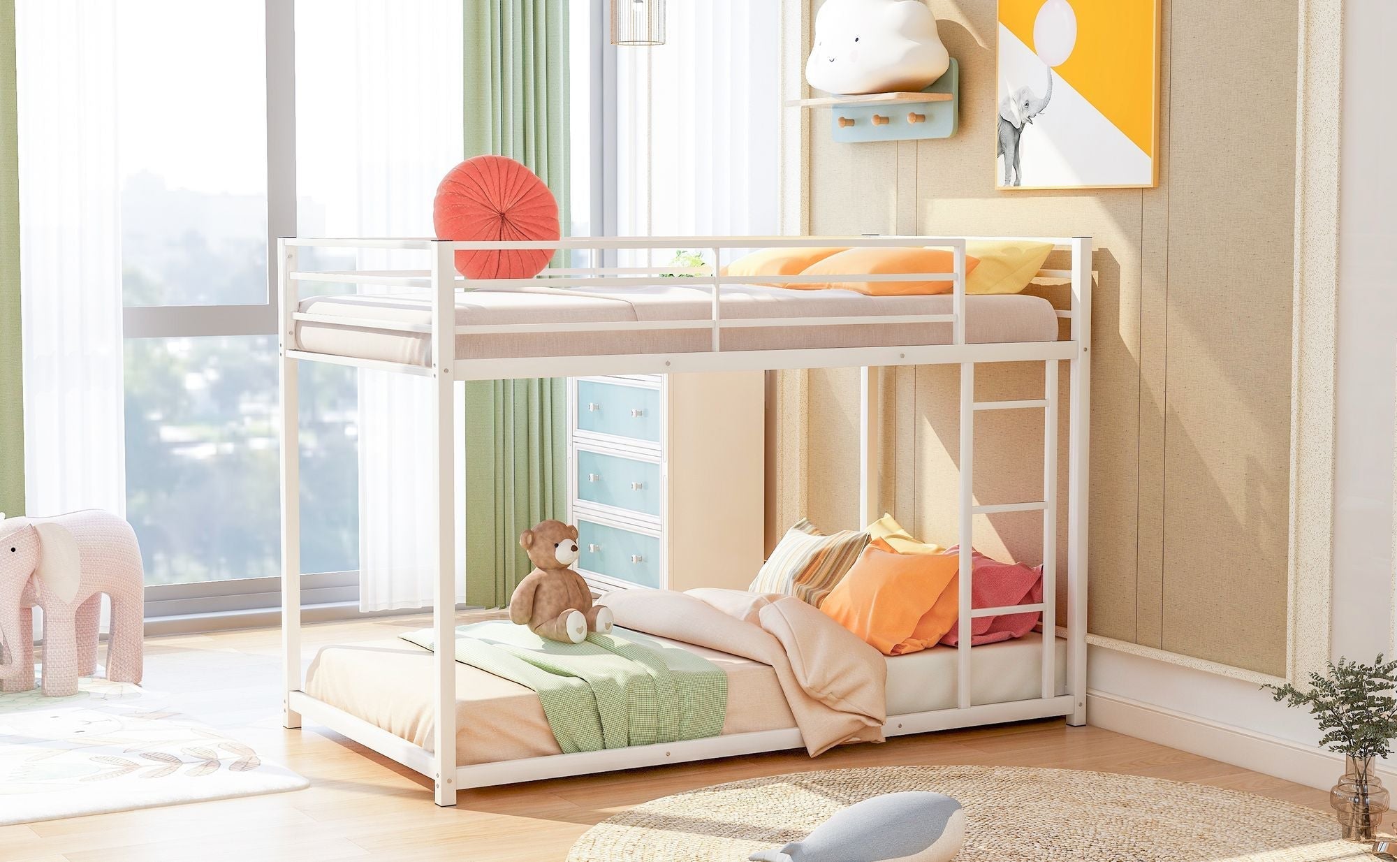 Safe Low Profile Twin Over Twin Metal Bunk Bed with Ladder in Black, White, or Silver | Just Better Bunk Beds