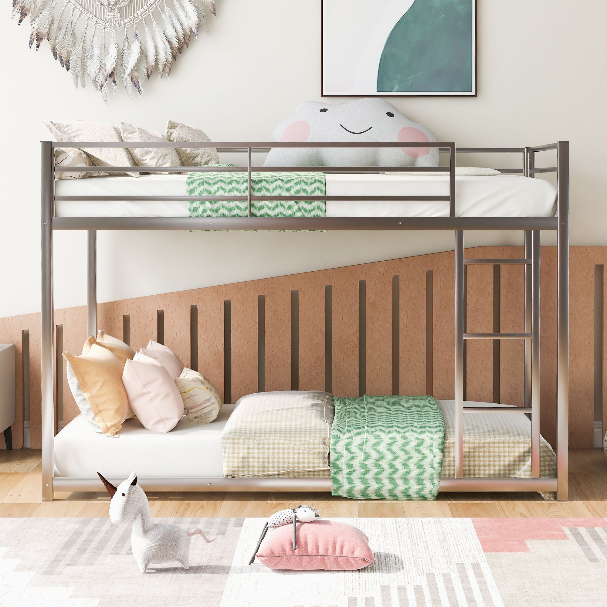 Safe Low Profile Twin Over Twin Metal Bunk Bed with Ladder in Black, White, or Silver | Just Better Bunk Beds