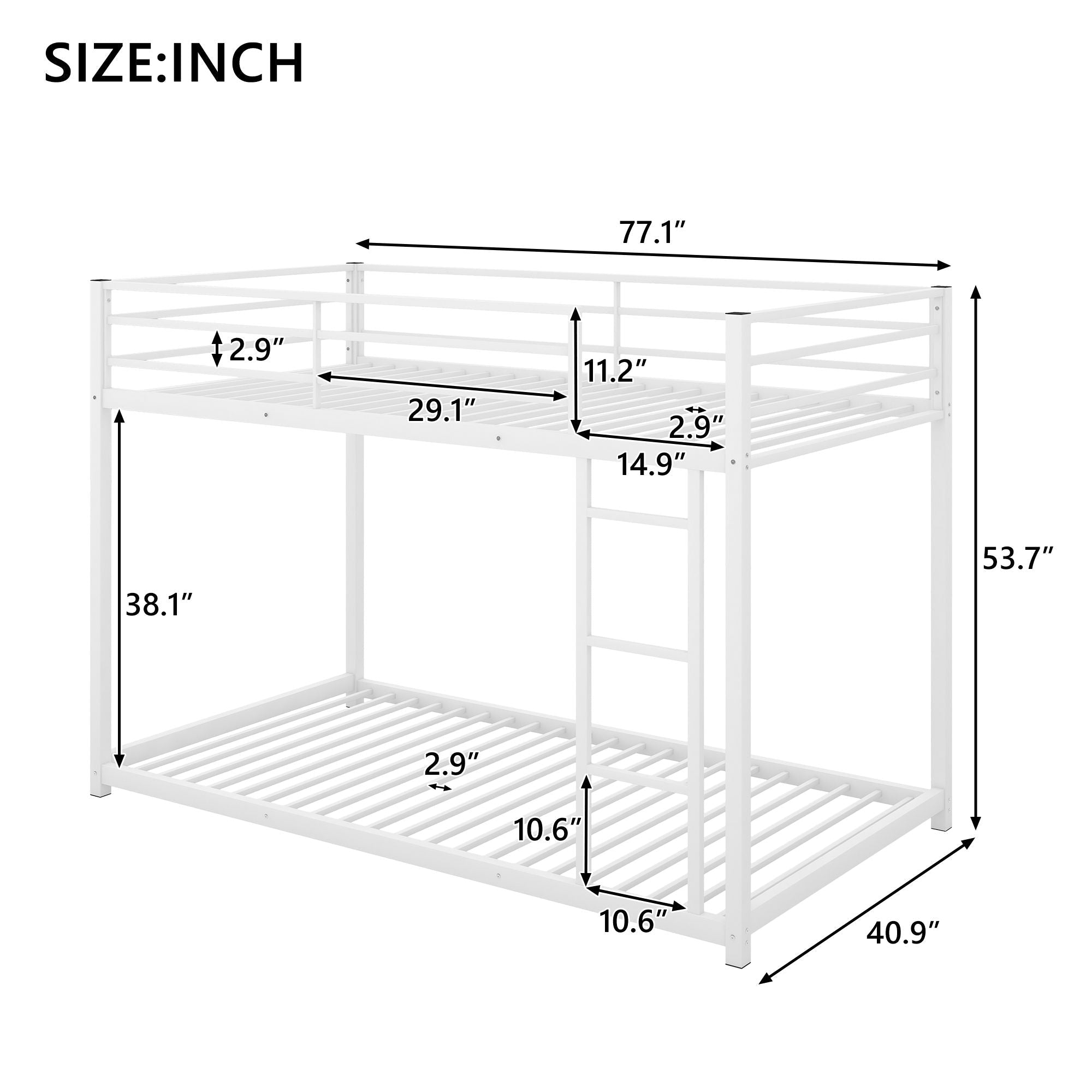 Safe Low Profile Twin Over Twin Metal Bunk Bed with Ladder in Black, White, or Silver | Just Better Bunk Beds
