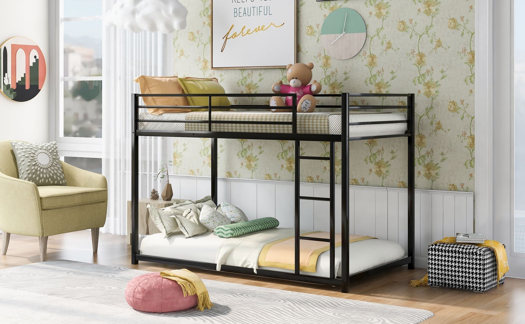 Safe Low Profile Twin Over Twin Metal Bunk Bed with Ladder in Black, White, or Silver | Just Better Bunk Beds