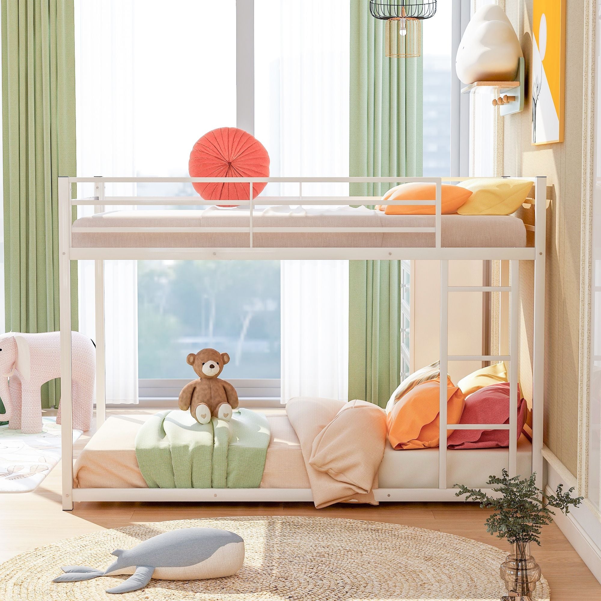 Safe Low Profile Twin Over Twin Metal Bunk Bed with Ladder in Black, White, or Silver | Just Better Bunk Beds