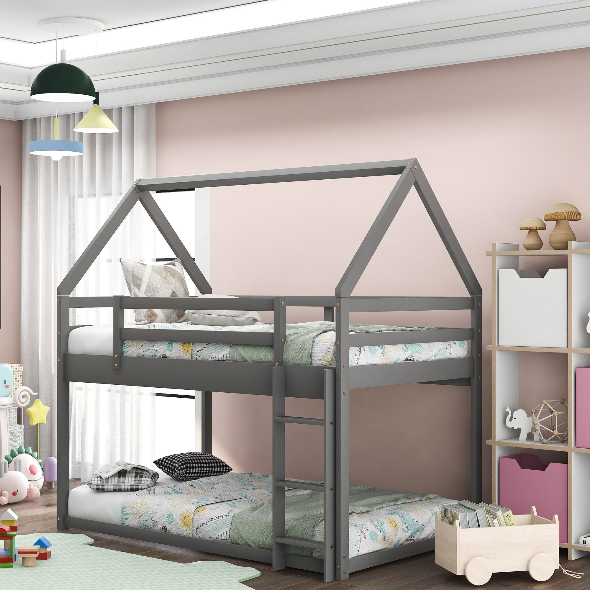 Safe Low Twin over Twin Wood Bunk Bed with House Frame and Ladder in Gray | Just Better Bunk Beds