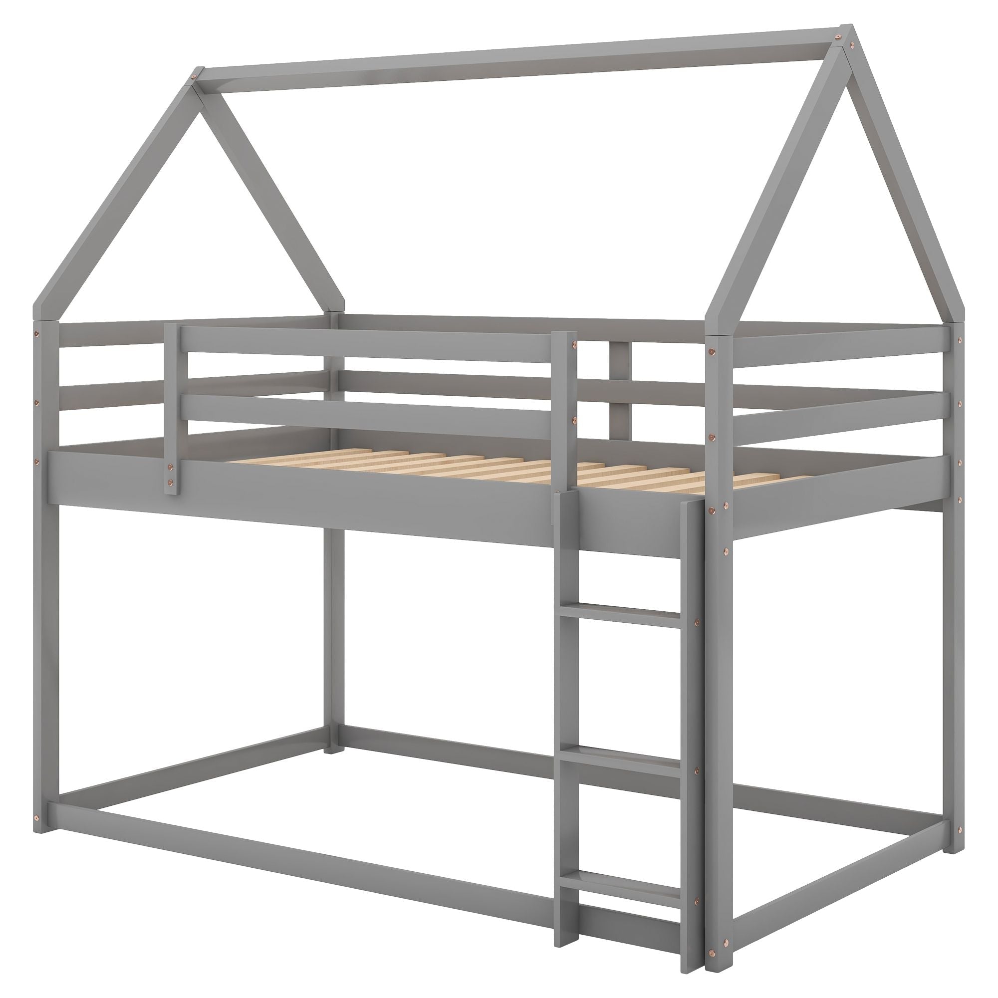 Safe Low Twin over Twin Wood Bunk Bed with House Frame and Ladder in Gray | Just Better Bunk Beds
