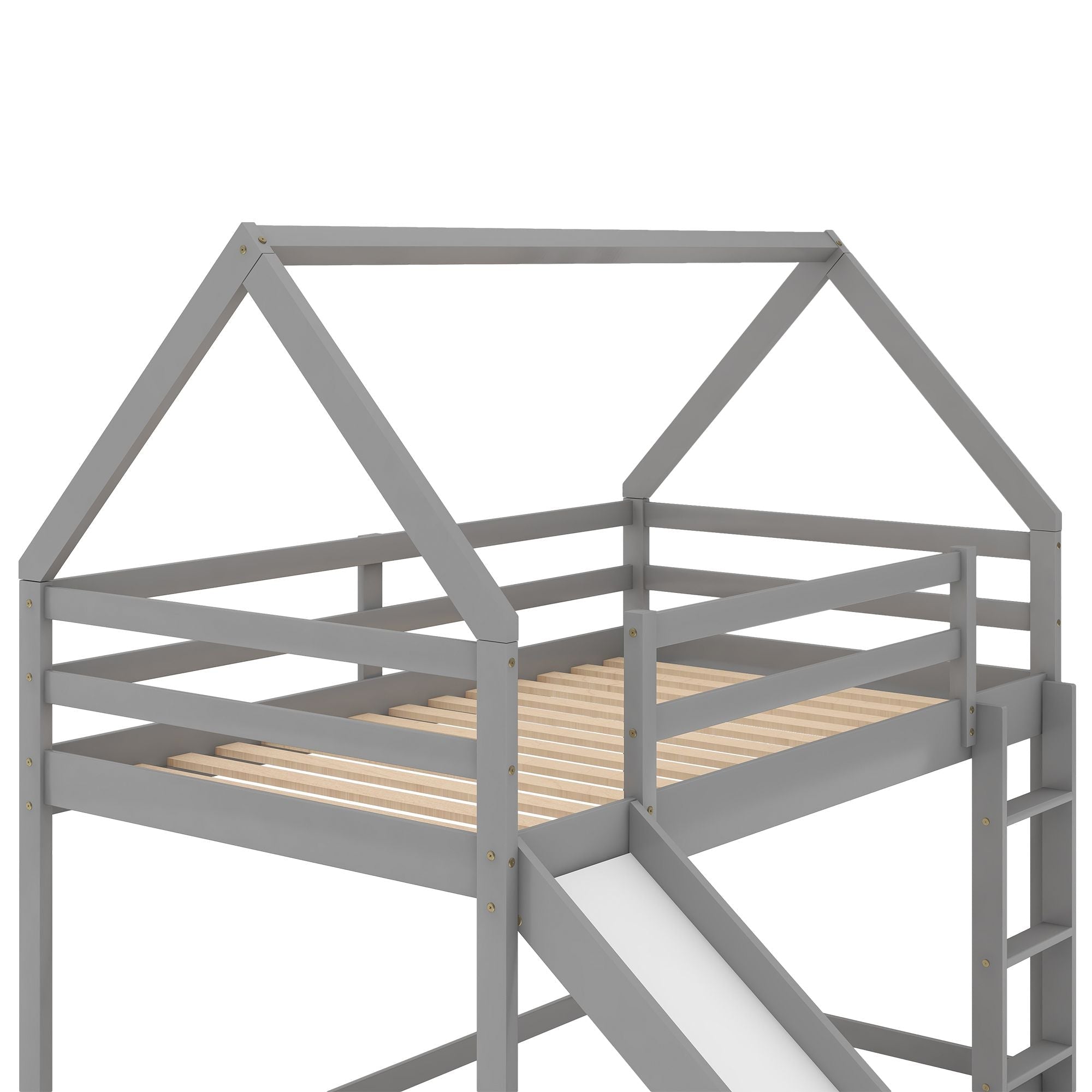 Safe Low Twin Over Twin Wood Bunk Bed with House-Shaped Frame, Ladder, White | Just Better Bunk Beds