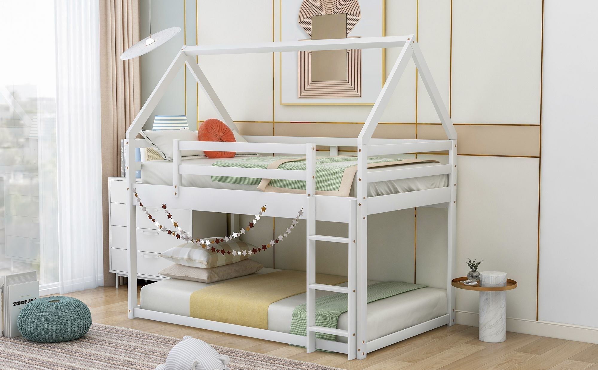 Safe Low Twin Over Twin Wood Bunk Bed with House-Shaped Frame, Ladder, White | Just Better Bunk Beds