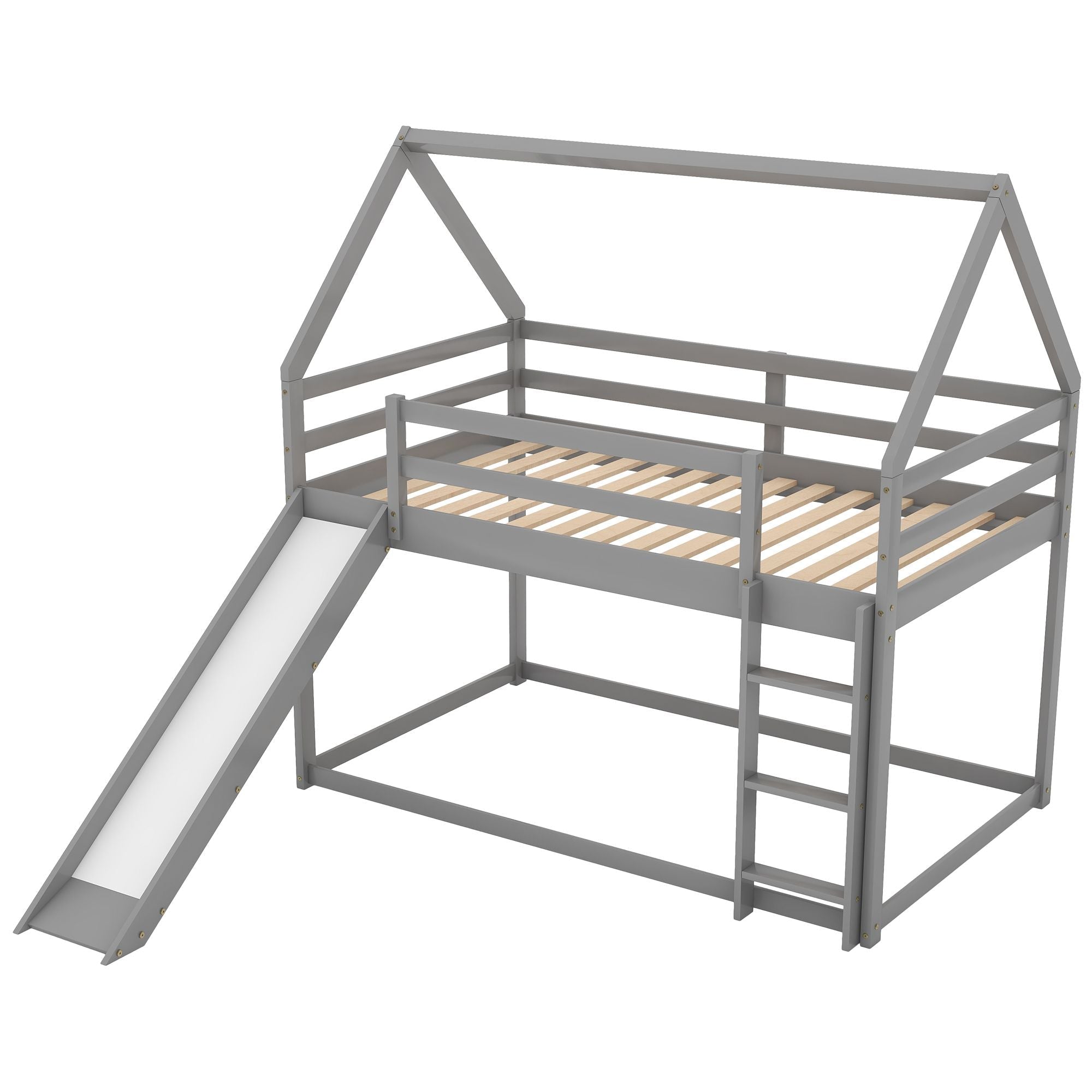 Safe Low Twin Over Twin Wood Bunk Bed with House-Shaped Frame, Ladder, White | Just Better Bunk Beds