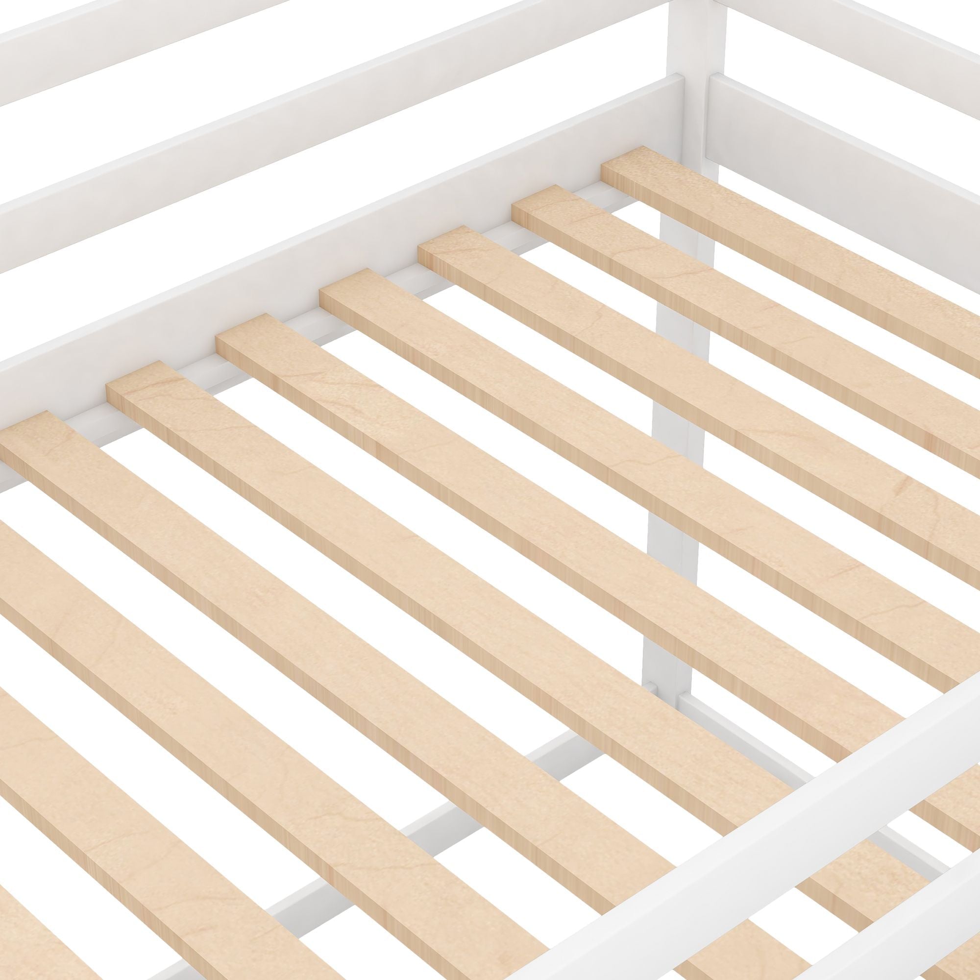Safe Low Twin Over Twin Wood Bunk Bed with House-Shaped Frame, Ladder, White | Just Better Bunk Beds