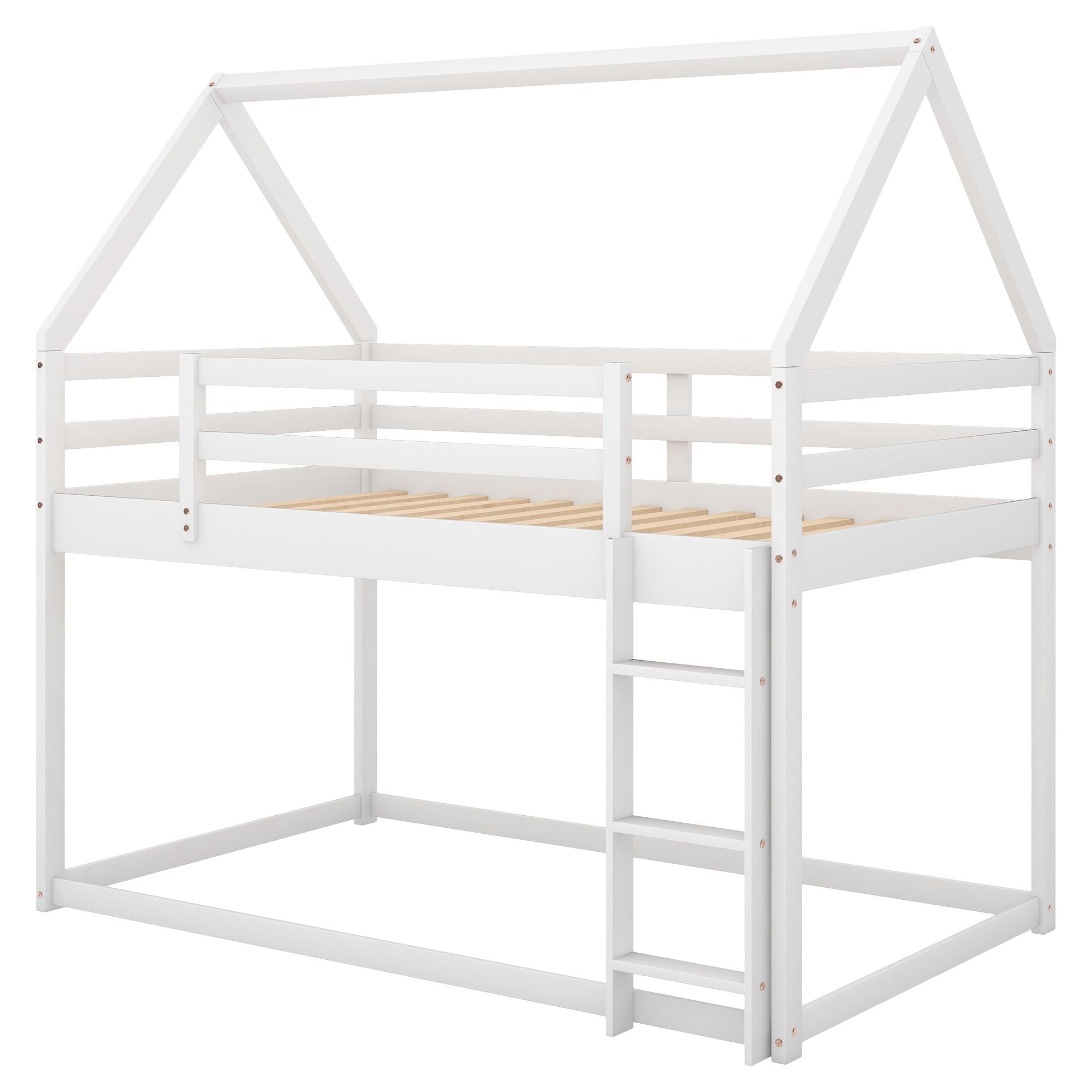 Safe Low Twin Over Twin Wood Bunk Bed with House-Shaped Frame, Ladder, White | Just Better Bunk Beds