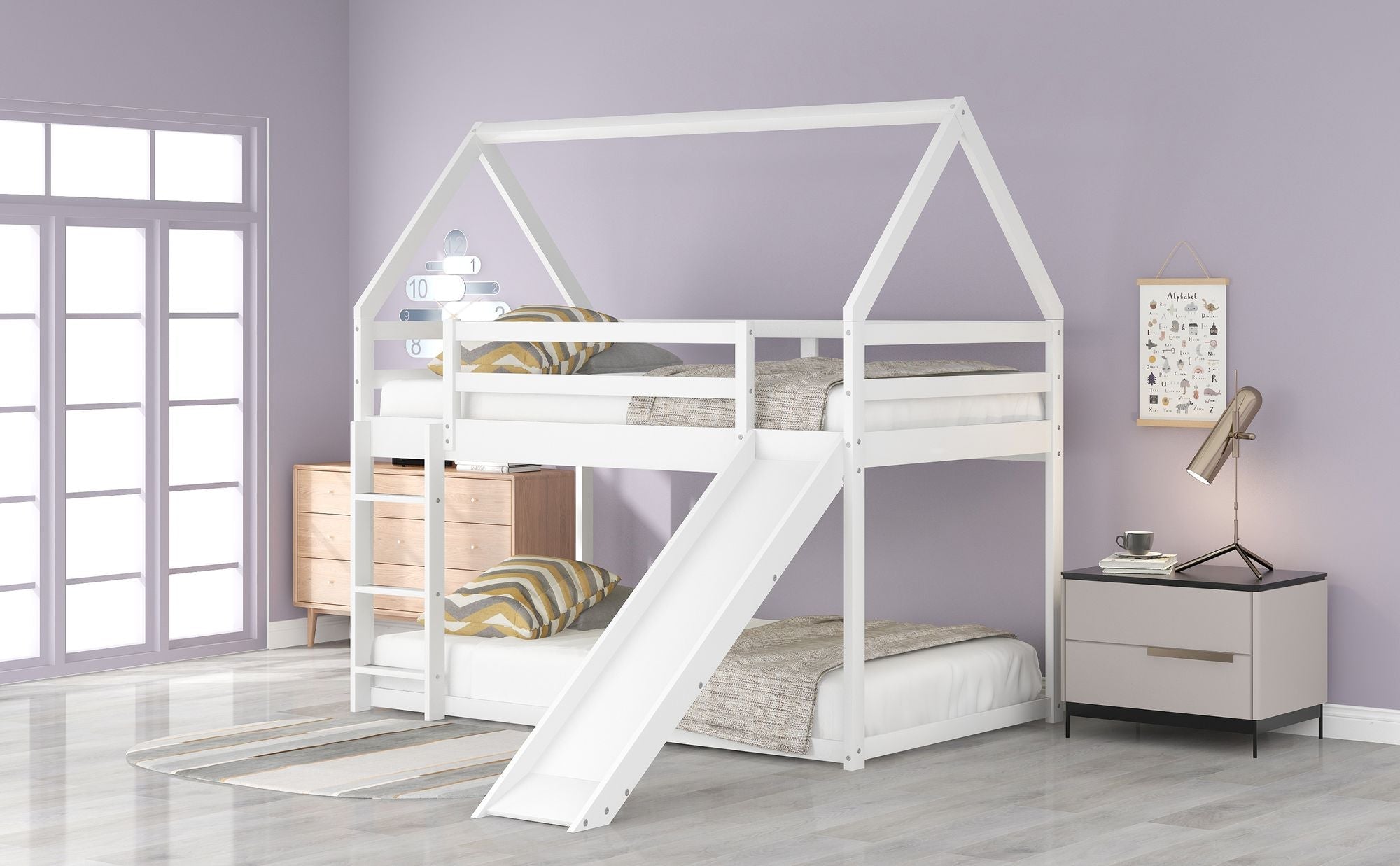 Safe Low Twin Over Twin Wood Bunk Bed with House-Shaped Frame, Ladder, White | Just Better Bunk Beds