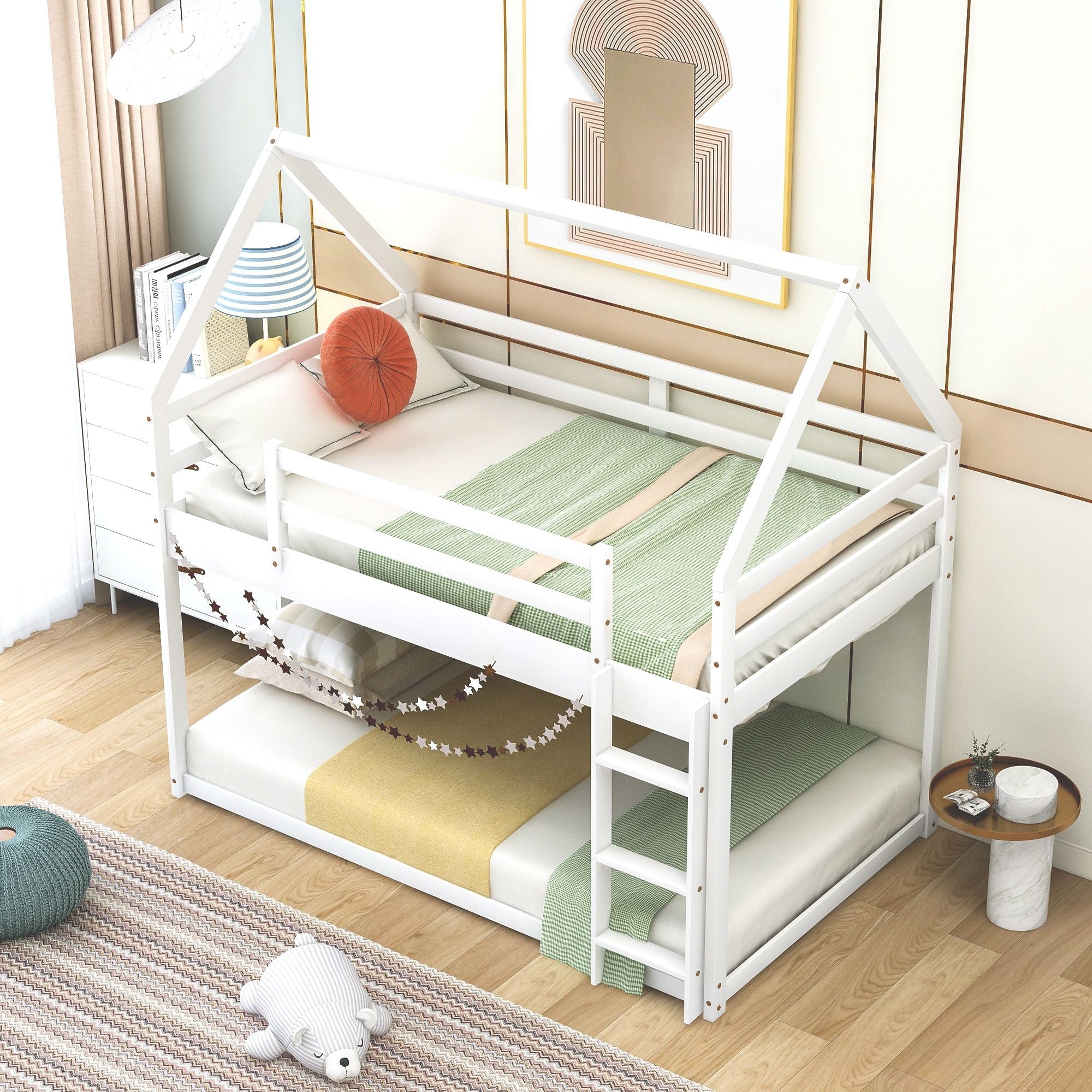Safe Low Twin Over Twin Wood Bunk Bed with House-Shaped Frame, Ladder, White | Just Better Bunk Beds