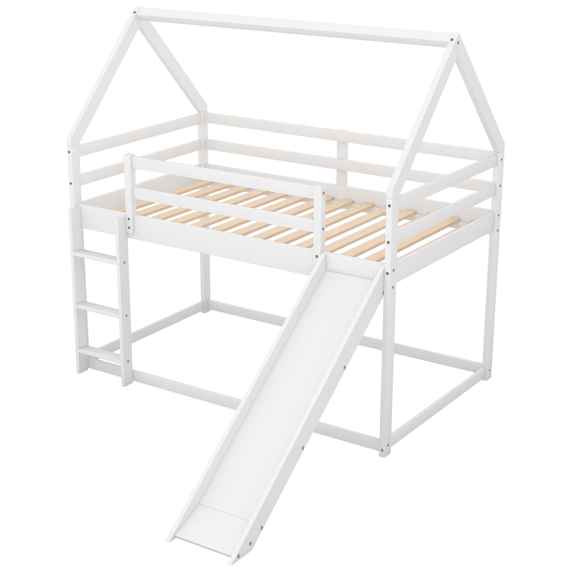 Safe Low Twin Over Twin Wood Bunk Bed with House-Shaped Frame, Ladder, White | Just Better Bunk Beds