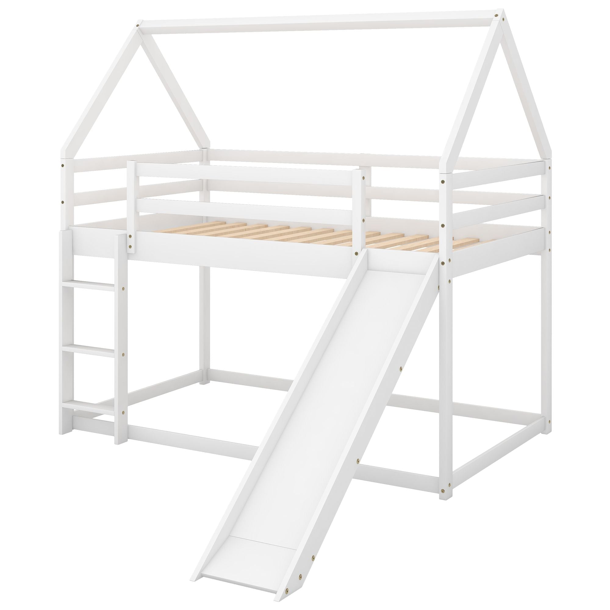 Safe Low Twin Over Twin Wood Bunk Bed with House-Shaped Frame, Ladder, White | Just Better Bunk Beds