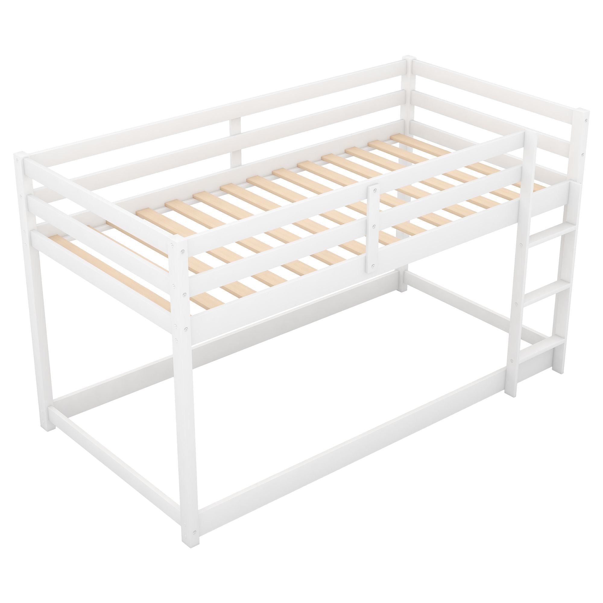 Safe Twin Over Twin Floor Bunk Bed with Ladder in Gray Wood for Kids' Shared Rooms | Just Better Bunk Beds