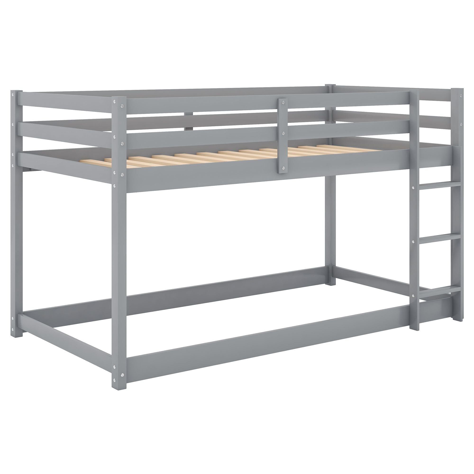Safe Twin Over Twin Floor Bunk Bed with Ladder in Gray Wood for Kids' Shared Rooms | Just Better Bunk Beds