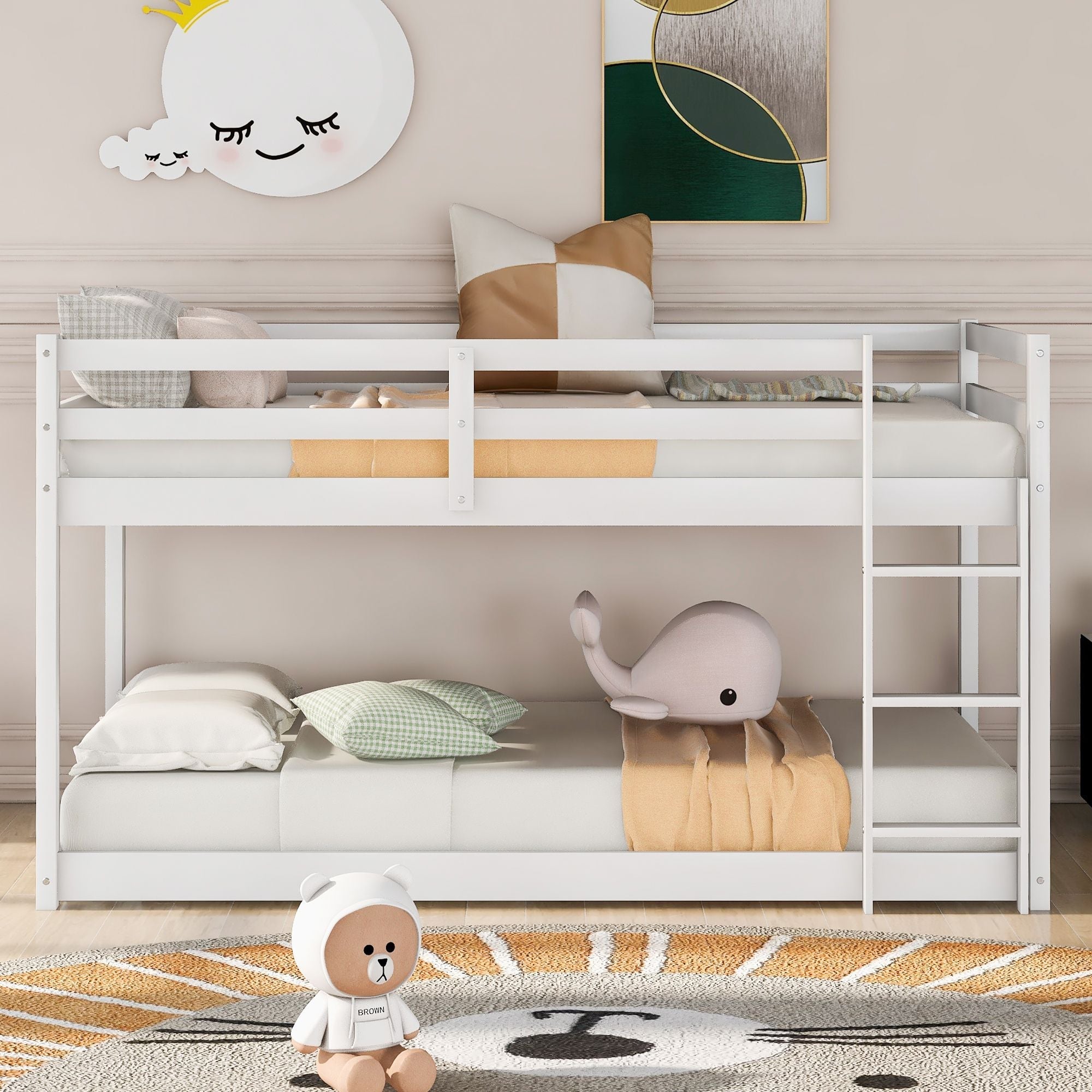 Safe Twin Over Twin Floor Bunk Bed with Ladder in Gray Wood for Kids' Shared Rooms | Just Better Bunk Beds