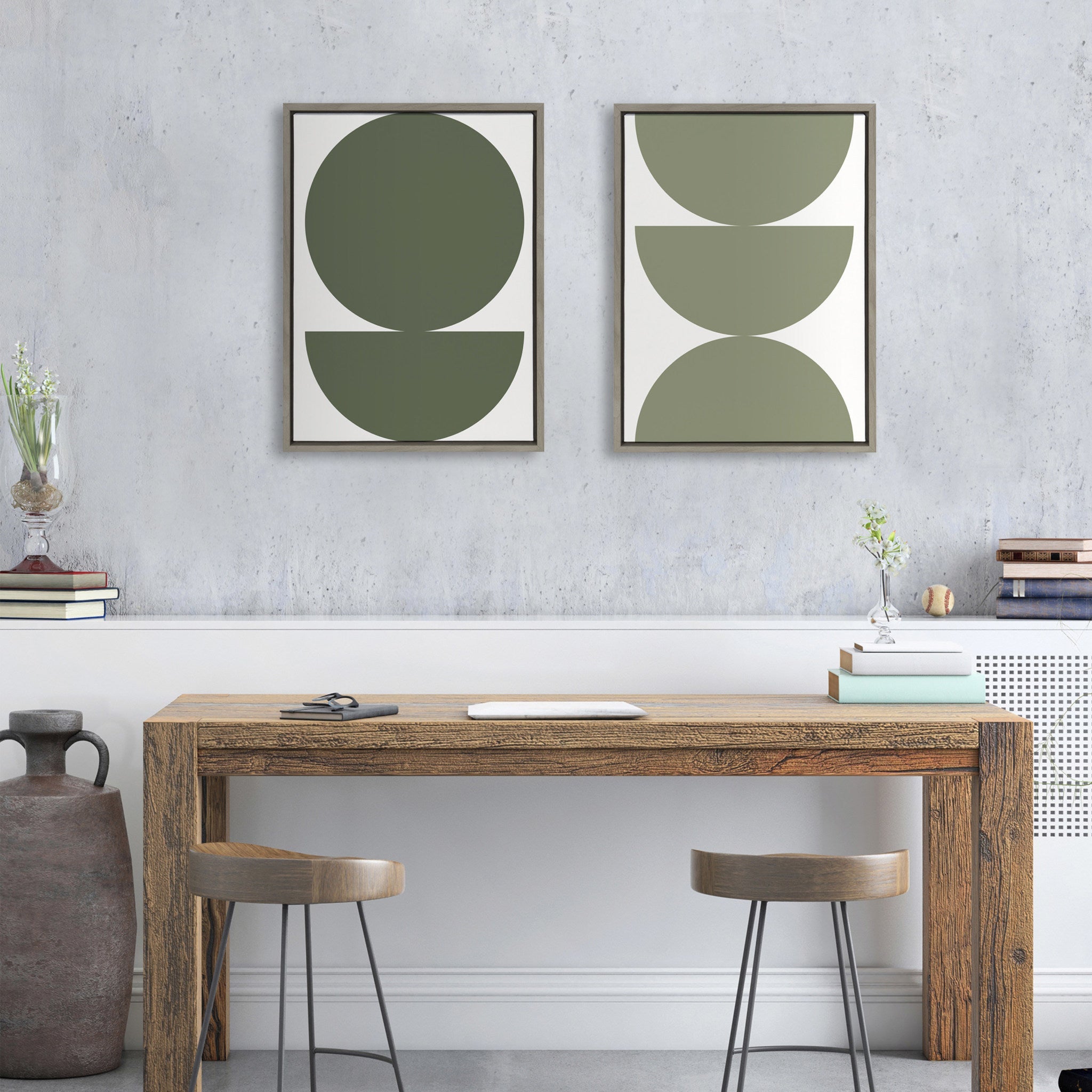 Sylvie Earthy Boho Geometric 1 Olive Green and Earthy Boho Geometric 2 Sage Green Framed Canvas by The Creative Bunch Studio
