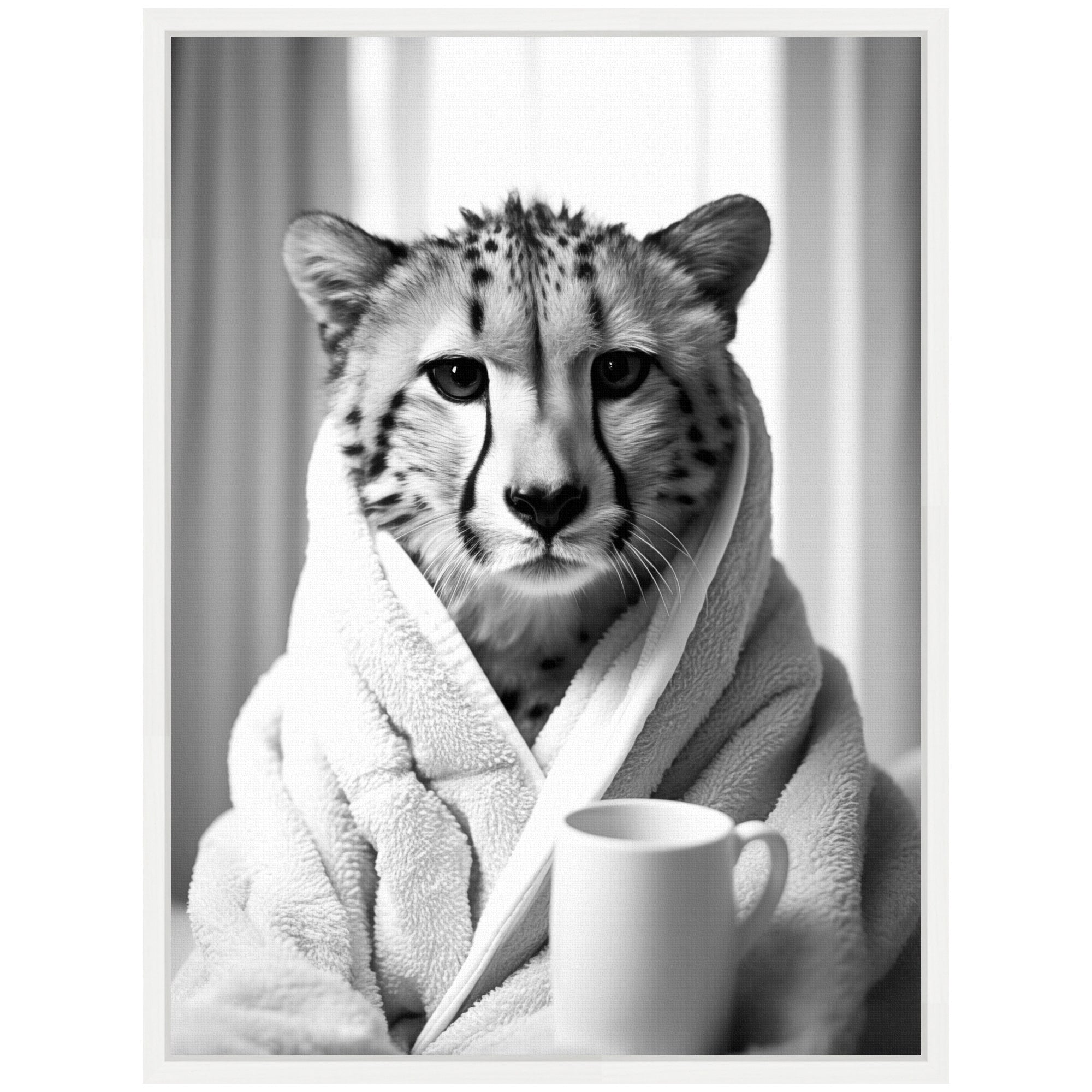 Sylvie Cheetah Bathroom Art Towel Robe Black and White Framed Canvas by The Creative Bunch Studio