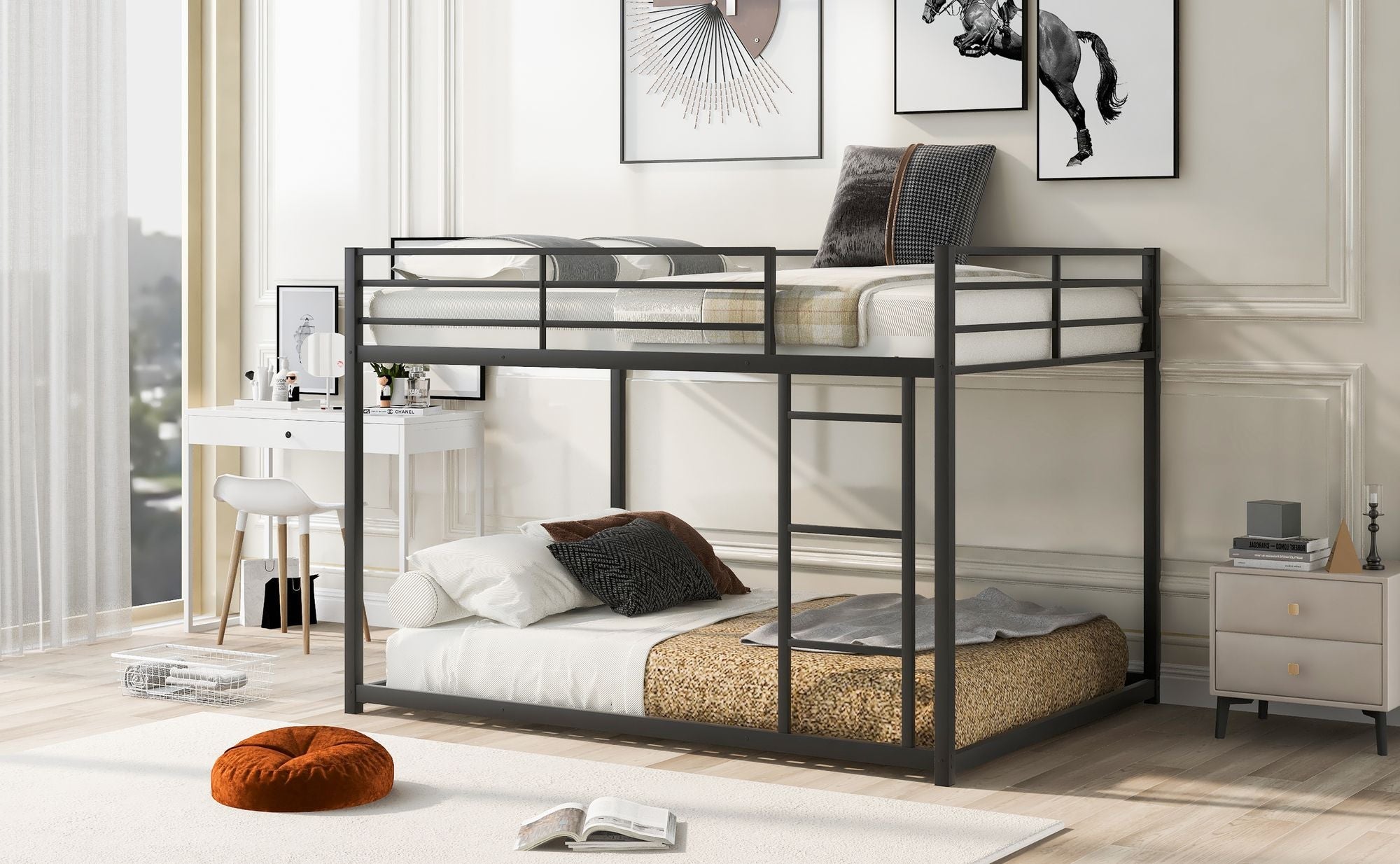 Shared Kids Room Full Over Full Metal Bunk Bed Low Profile with Ladder Black | Just Better Bunk Beds