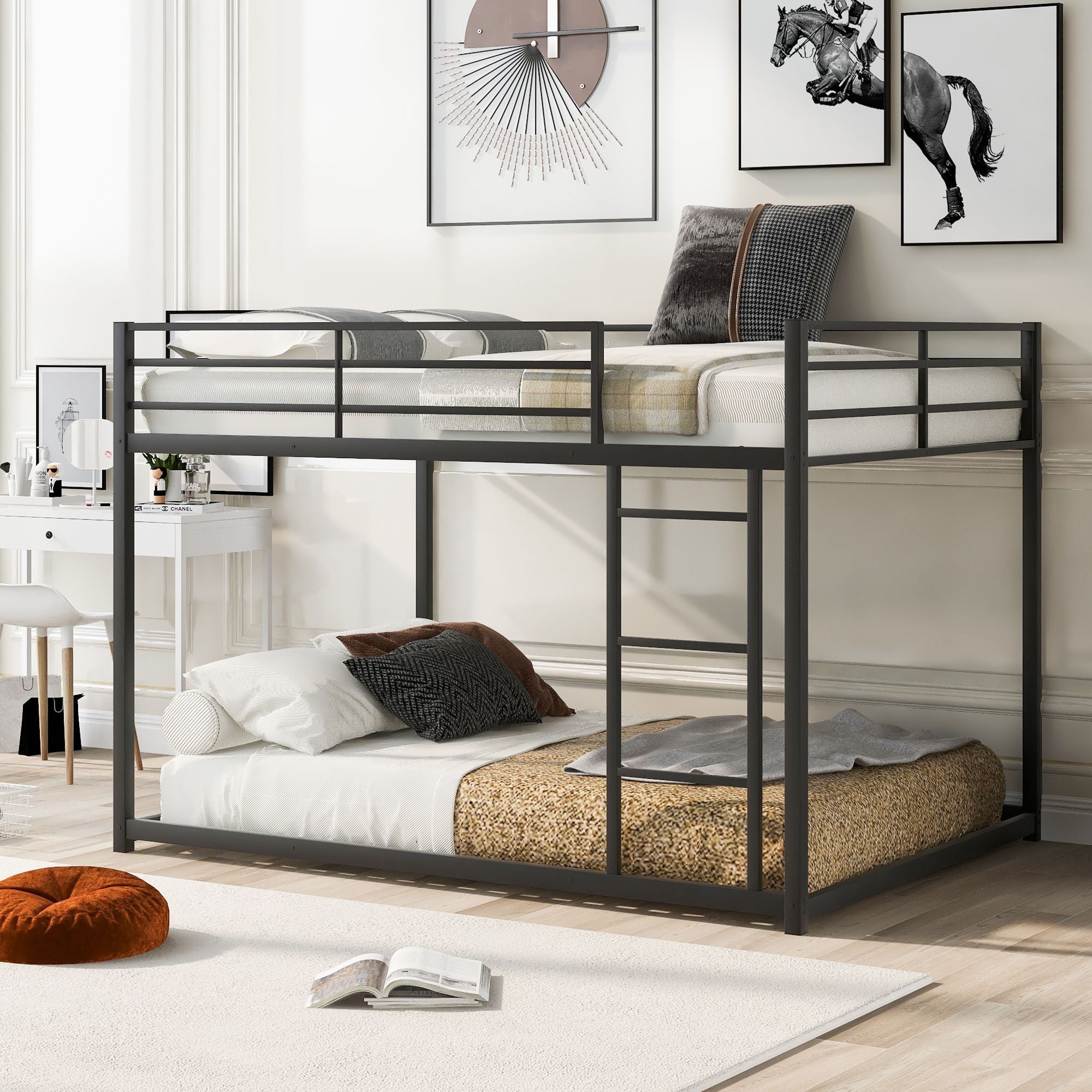 Shared Kids Room Full Over Full Metal Bunk Bed with Ladder, Black, Low Profile | Just Better Bunk Beds