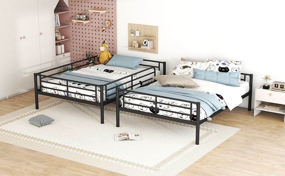 Shared Kids Room Full Over Full Metal Bunk Bed with Safety Guardrails and Ladder, Black | Just Better Bunk Beds
