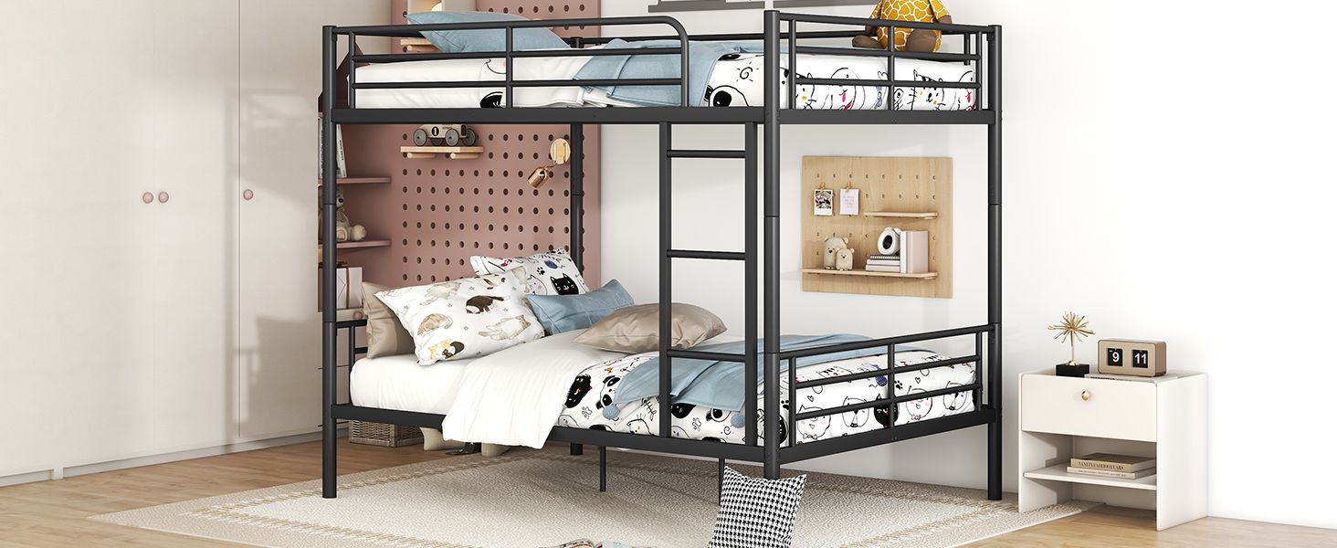 Shared Kids Room Full Over Full Metal Bunk Bed with Safety Guardrails and Ladder, Black | Just Better Bunk Beds