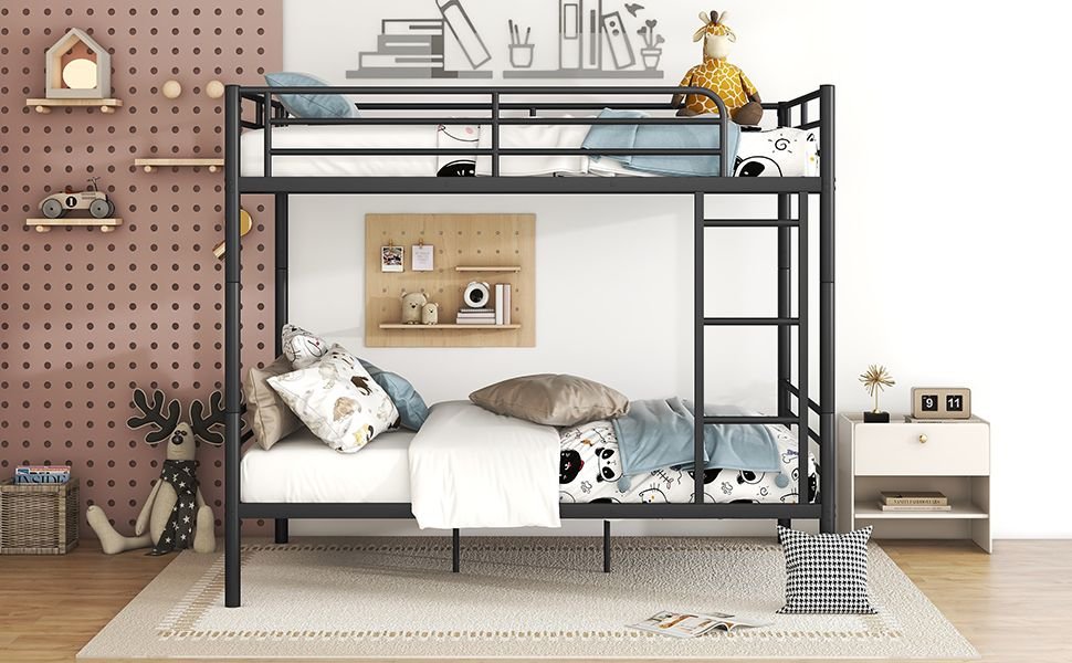 Shared Kids Room Full Over Full Metal Bunk Bed with Safety Guardrails and Ladder, Black | Just Better Bunk Beds