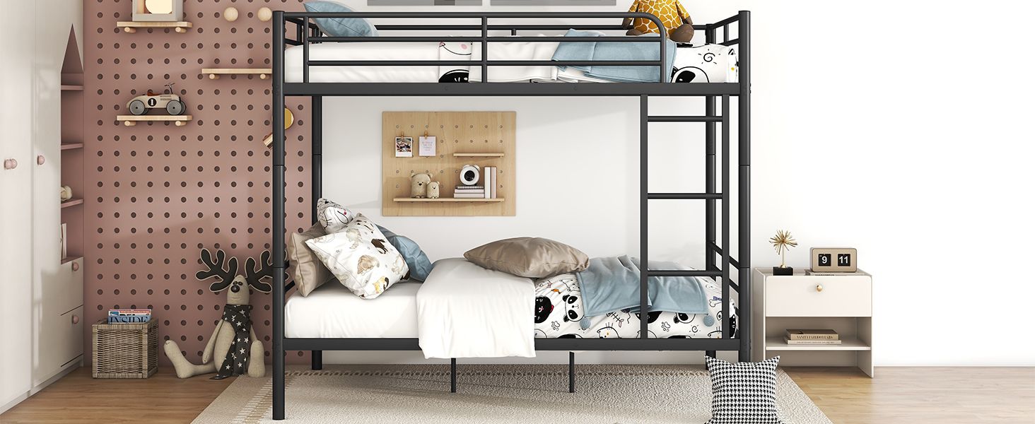 Shared Kids Room Full Over Full Metal Bunk Bed with Safety Guardrails and Ladder, Black | Just Better Bunk Beds