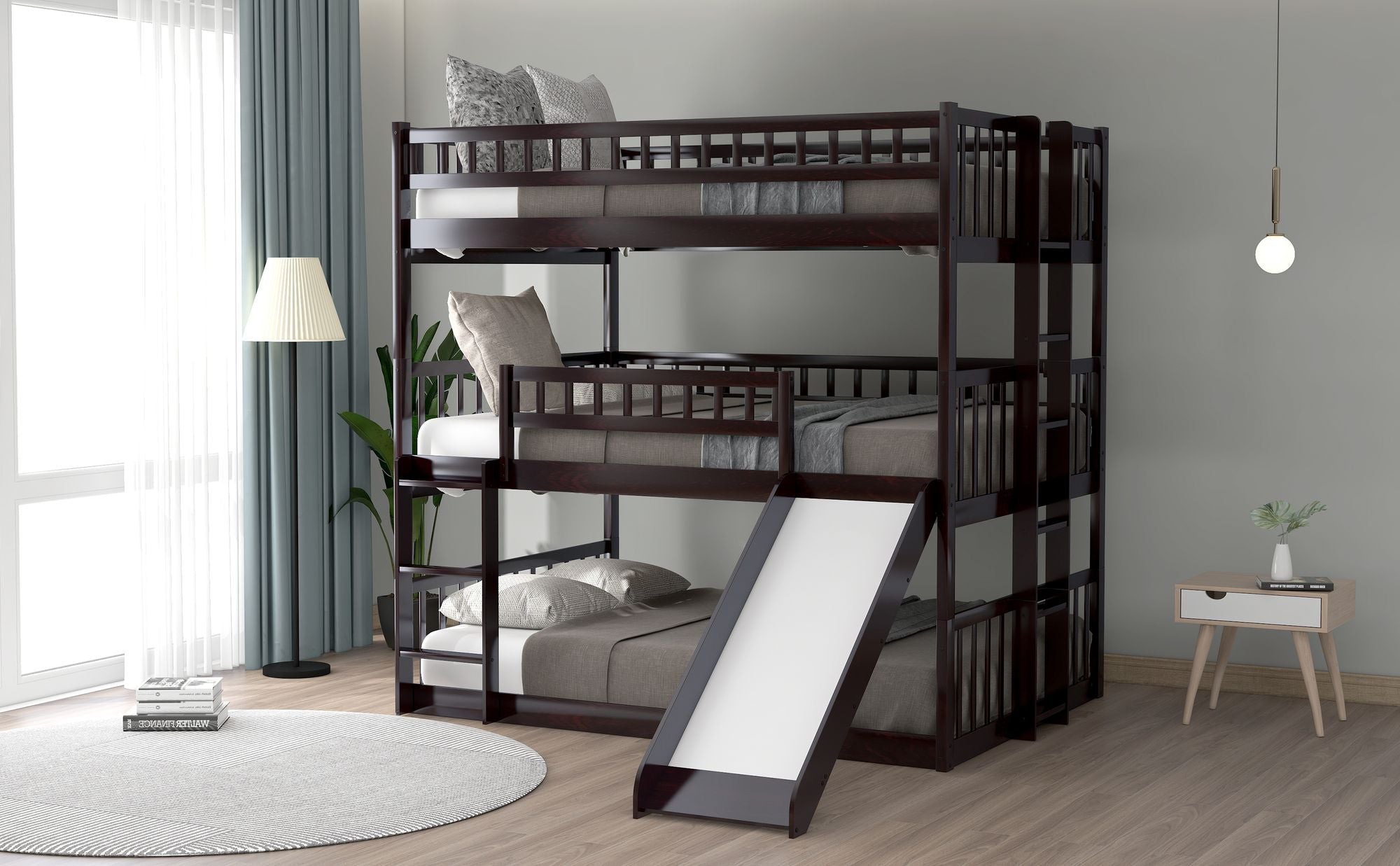 Shared Kids Room Full Over Full Over Full Wood Triple Bunk Bed with Ladder, Slide, Guardrails, Espresso | Just Better Bunk Beds