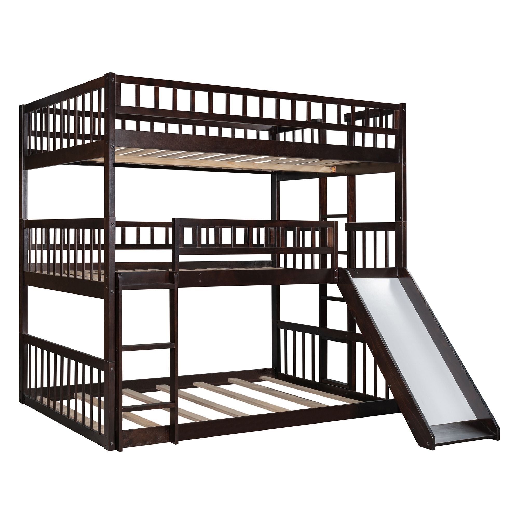 Shared Kids Room Full Over Full Over Full Wood Triple Bunk Bed with Ladder, Slide, Guardrails, Espresso | Just Better Bunk Beds