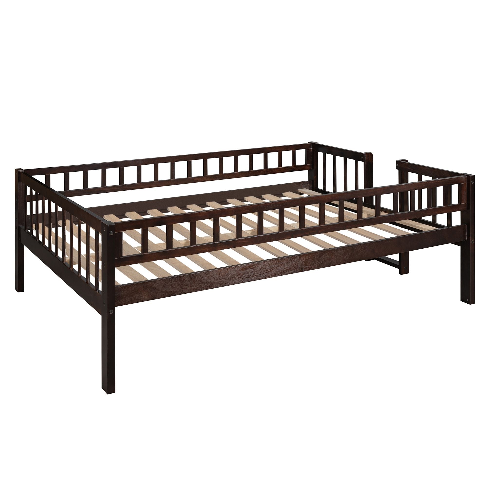 Shared Kids Room Full Over Full Over Full Wood Triple Bunk Bed with Ladder, Slide, Guardrails, Espresso | Just Better Bunk Beds