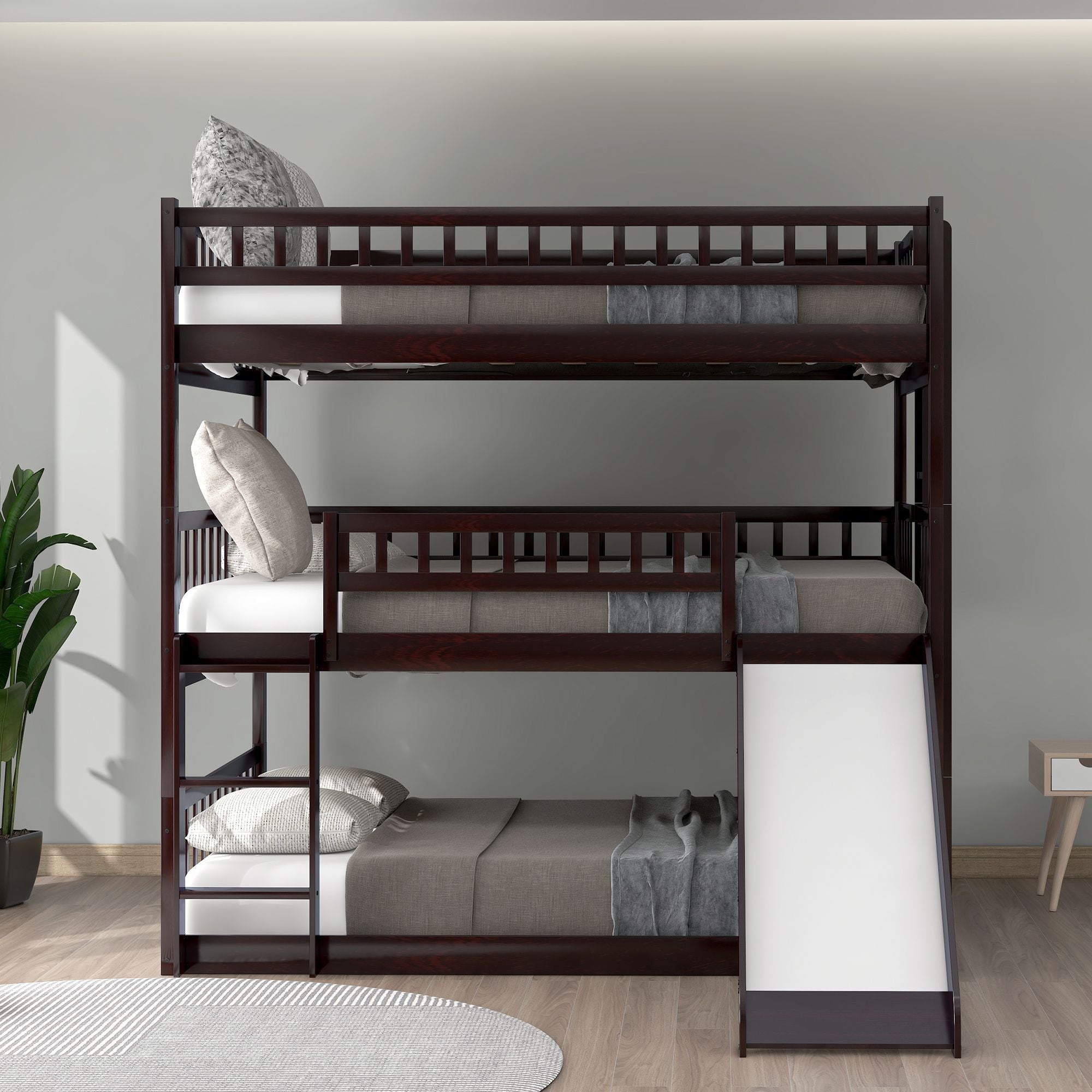 Shared Kids Room Full Over Full Over Full Wood Triple Bunk Bed with Ladder, Slide, Guardrails, Espresso | Just Better Bunk Beds