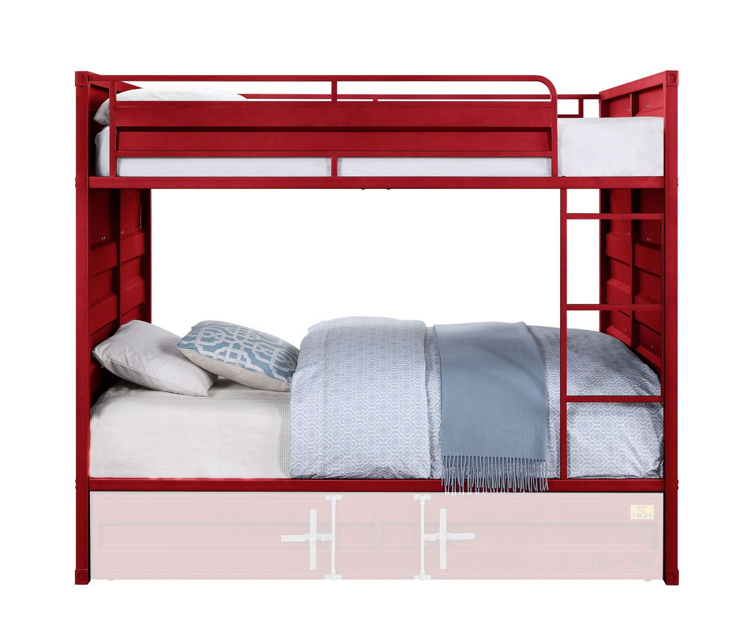 Shared Kids Room Full Over Full Wood Bunk Bed with Cargo Red Finish | Just Better Bunk Beds