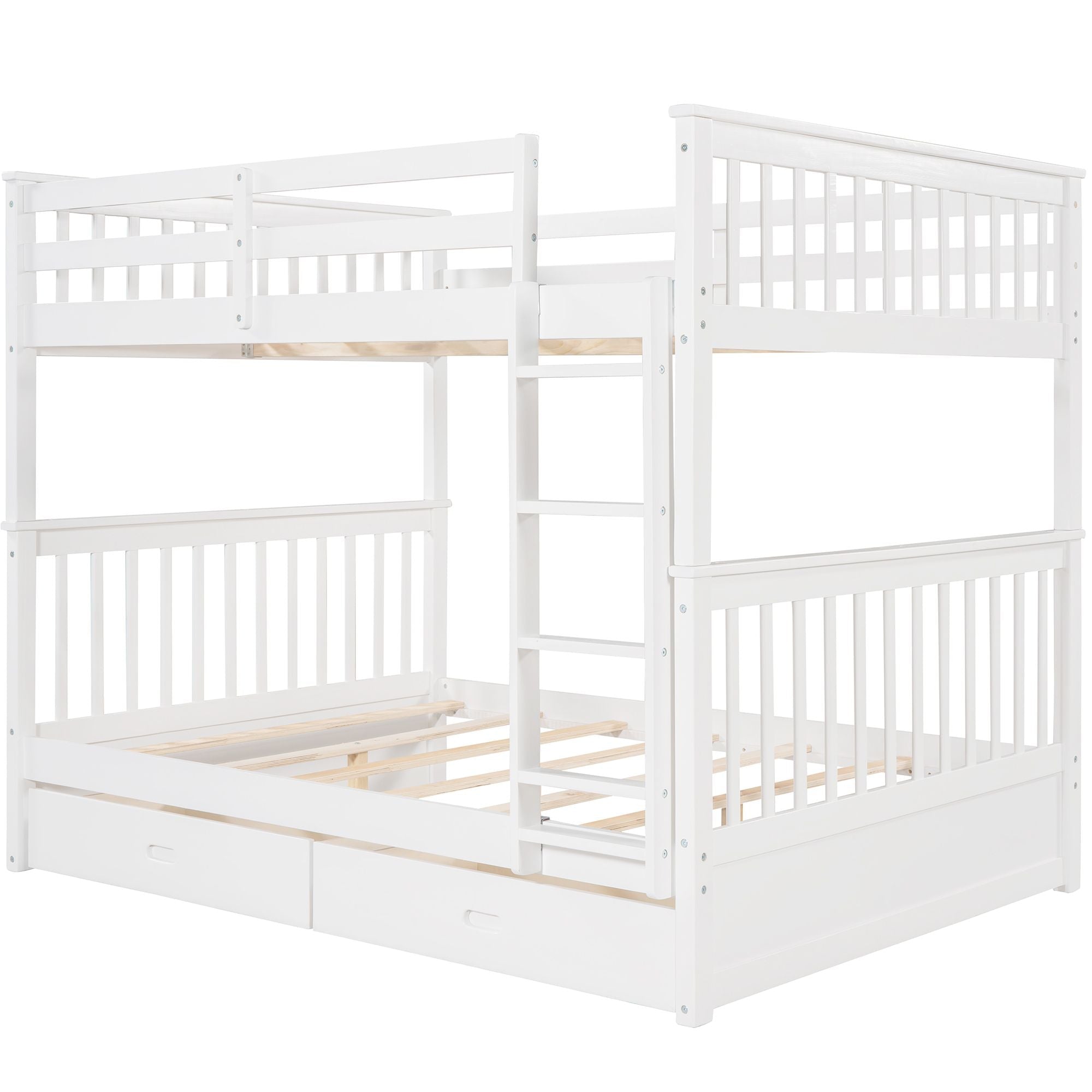 Shared Kids Room Full Over Full Wood Bunk Bed with Ladders and Storage Drawers White | Just Better Bunk Beds