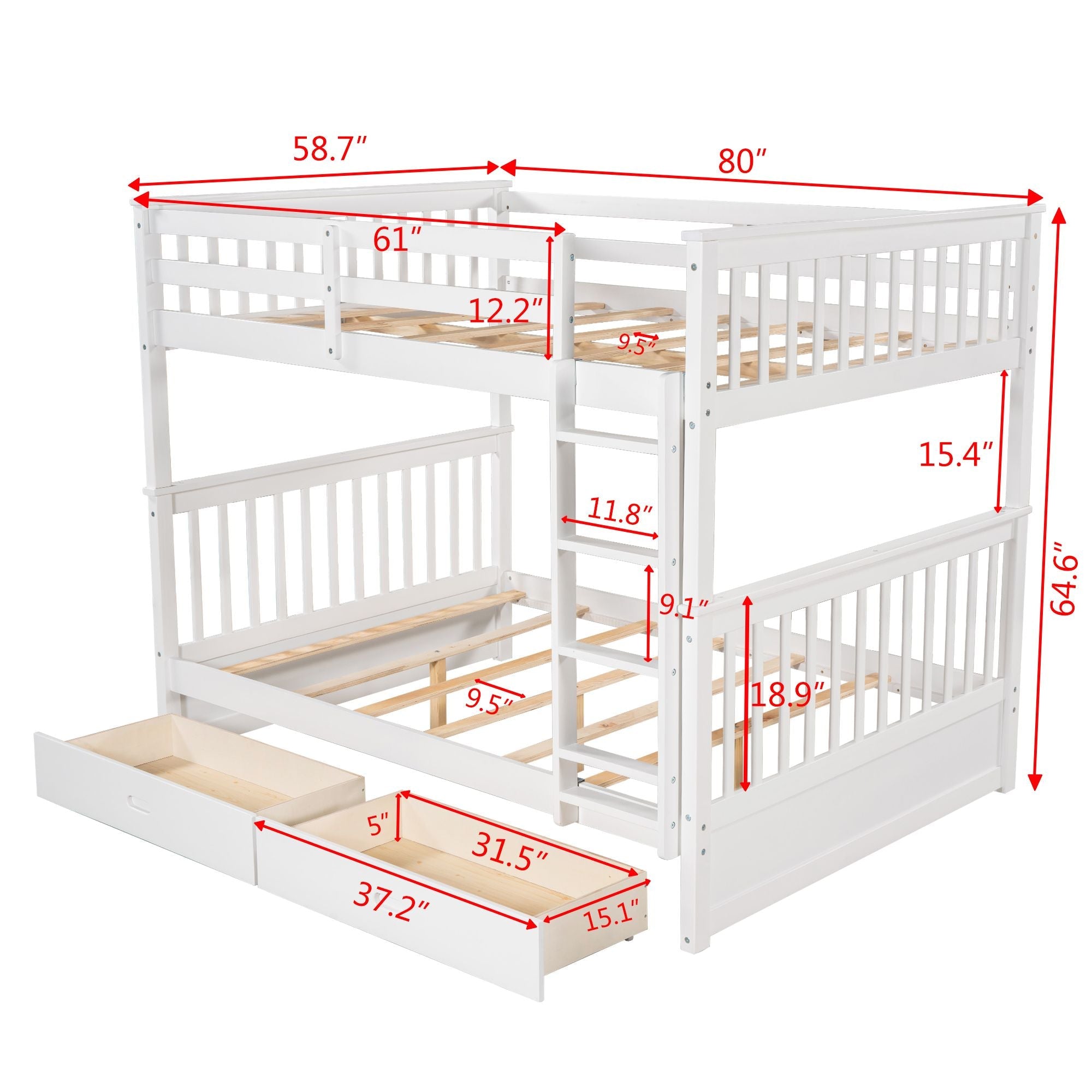 Shared Kids Room Full Over Full Wood Bunk Bed with Ladders and Storage Drawers White | Just Better Bunk Beds