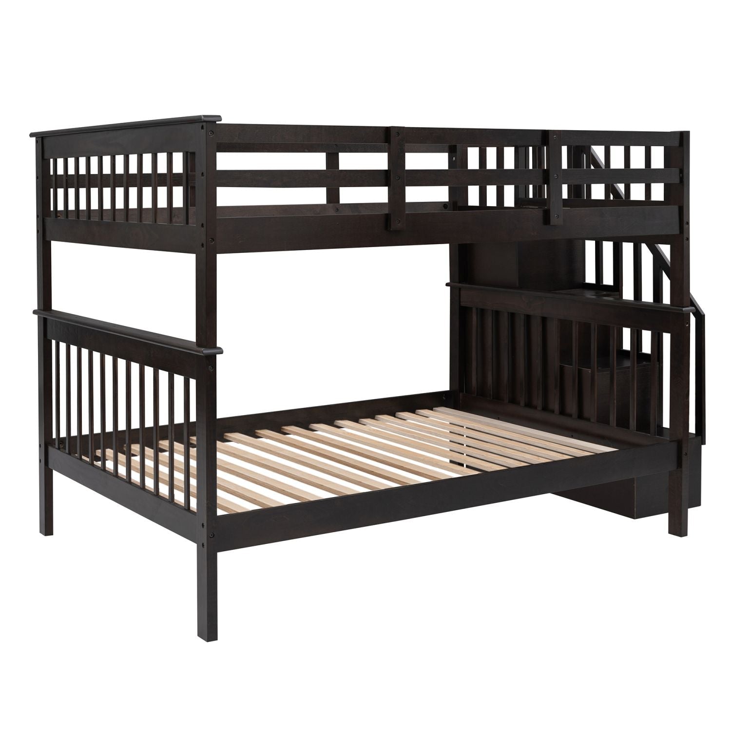 Shared Kids Room Full Over Full Wood Bunk Bed with Stair Storage Drawers and Guard Rail, Espresso | Just Better Bunk Beds