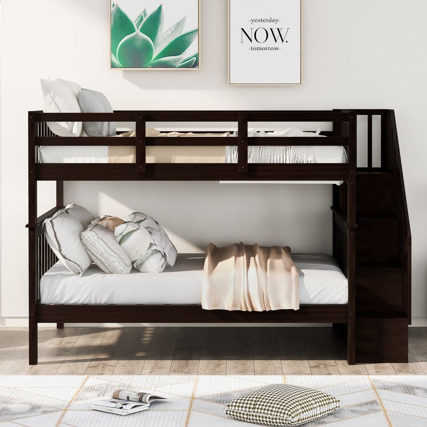 Shared Kids Room Full Over Full Wood Bunk Bed with Stair Storage Drawers and Guard Rail, Espresso | Just Better Bunk Beds