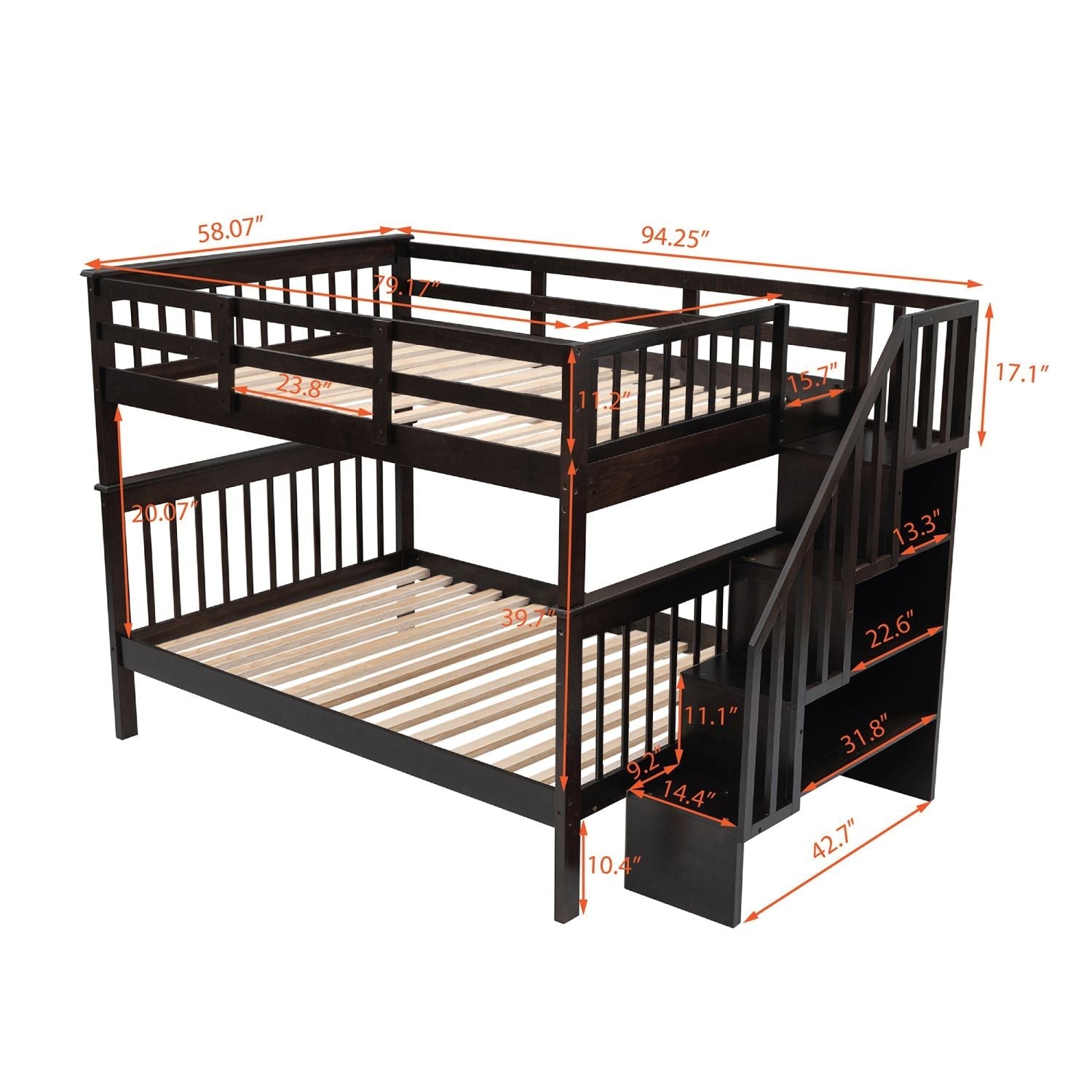 Shared Kids Room Full Over Full Wood Bunk Bed with Stair Storage Drawers and Guard Rail, Espresso | Just Better Bunk Beds