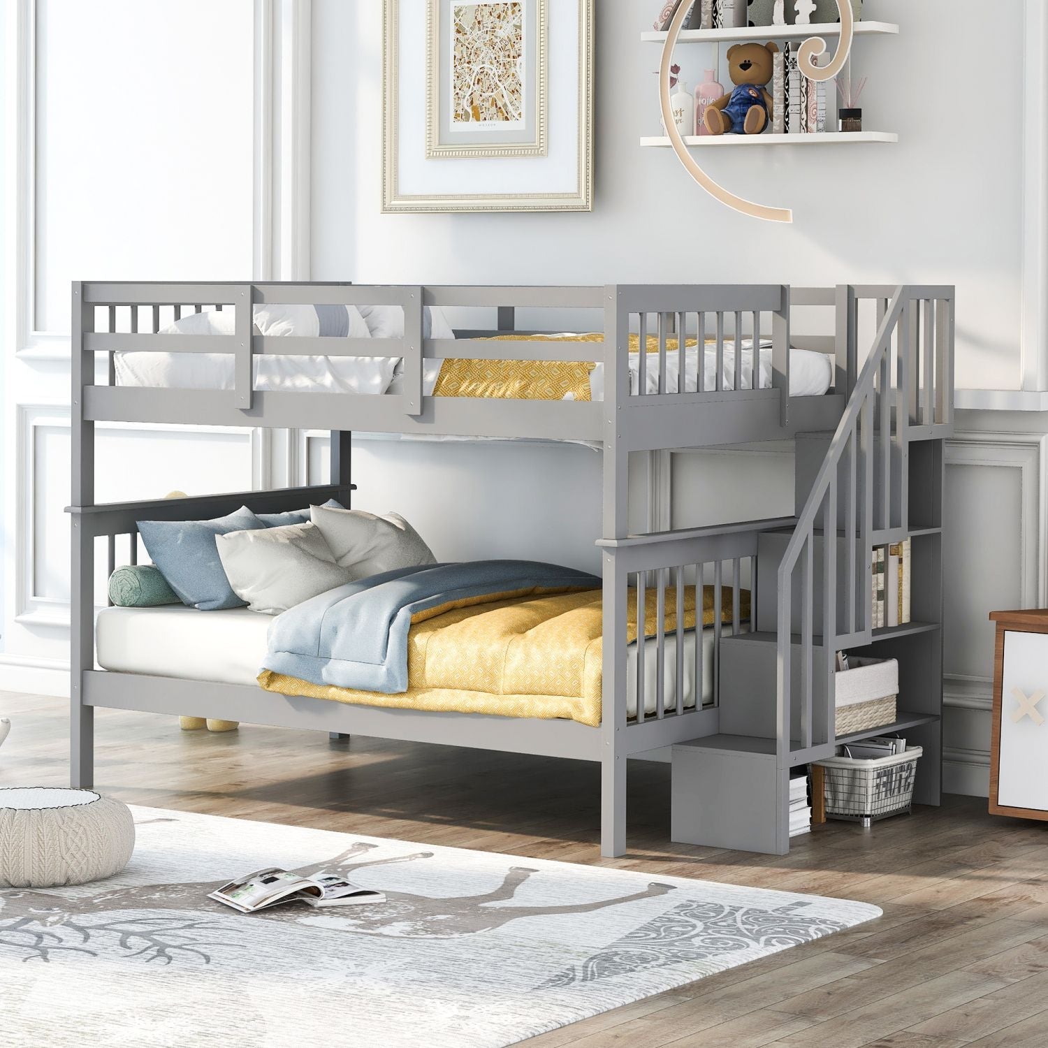 Shared Kids Room Full-Over-Full Wood Bunk Bed with Stairway Storage Drawers and Guard Rails Gray | Just Better Bunk Beds