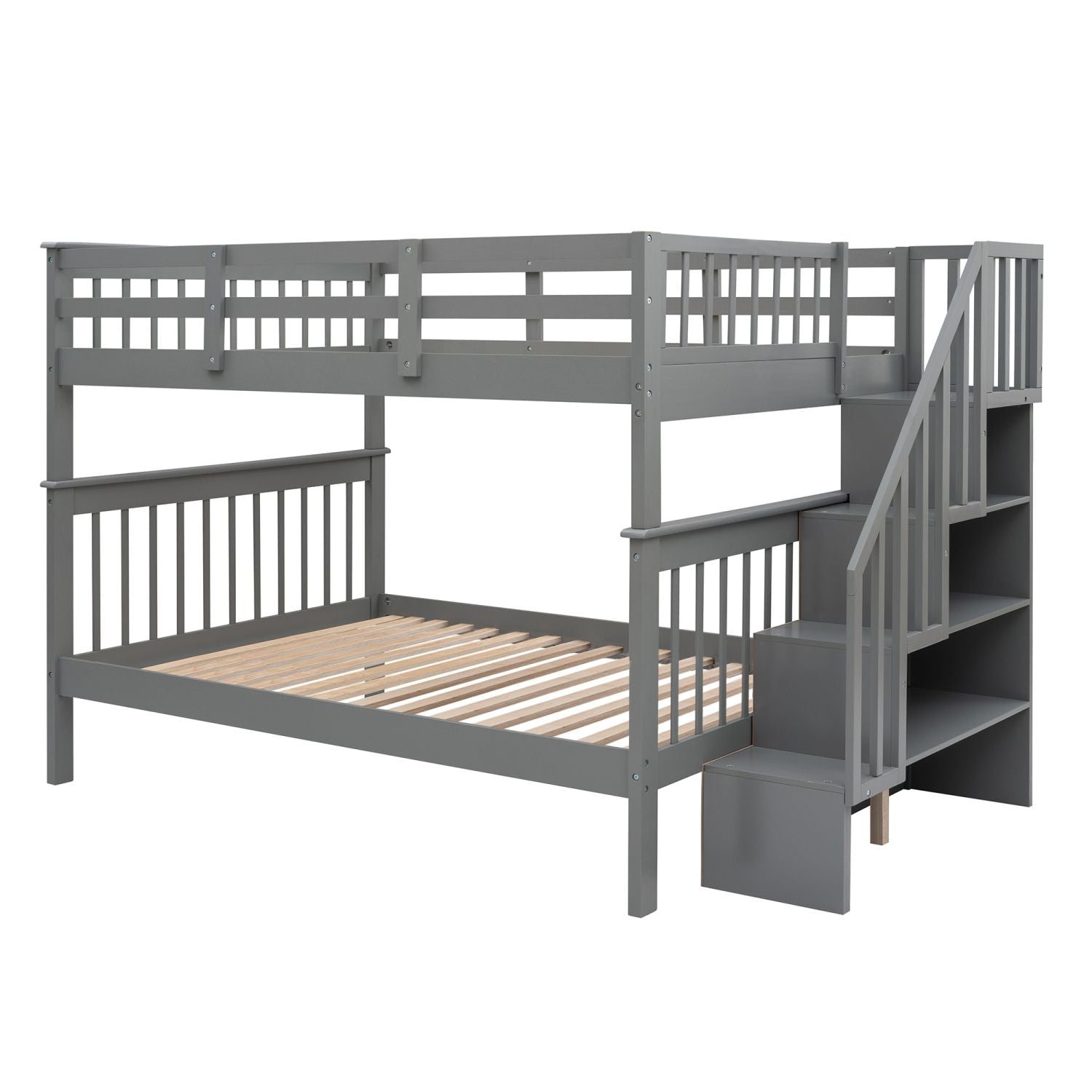 Shared Kids Room Full-Over-Full Wood Bunk Bed with Stairway Storage Drawers and Guard Rails Gray | Just Better Bunk Beds