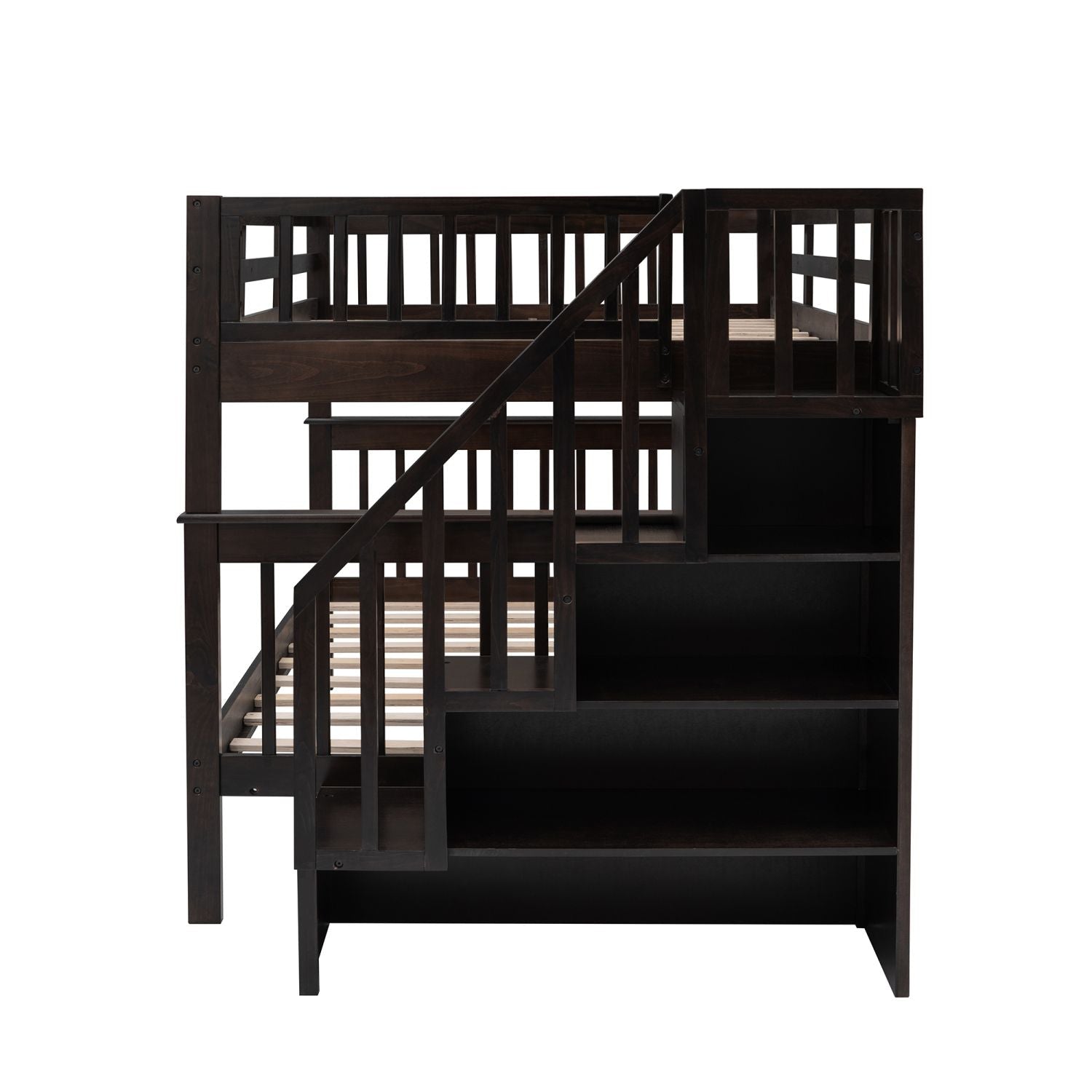 Shared Kids Room Full Over Full Wood Bunk Bed with Stairway Storage Drawers Espresso | Just Better Bunk Beds