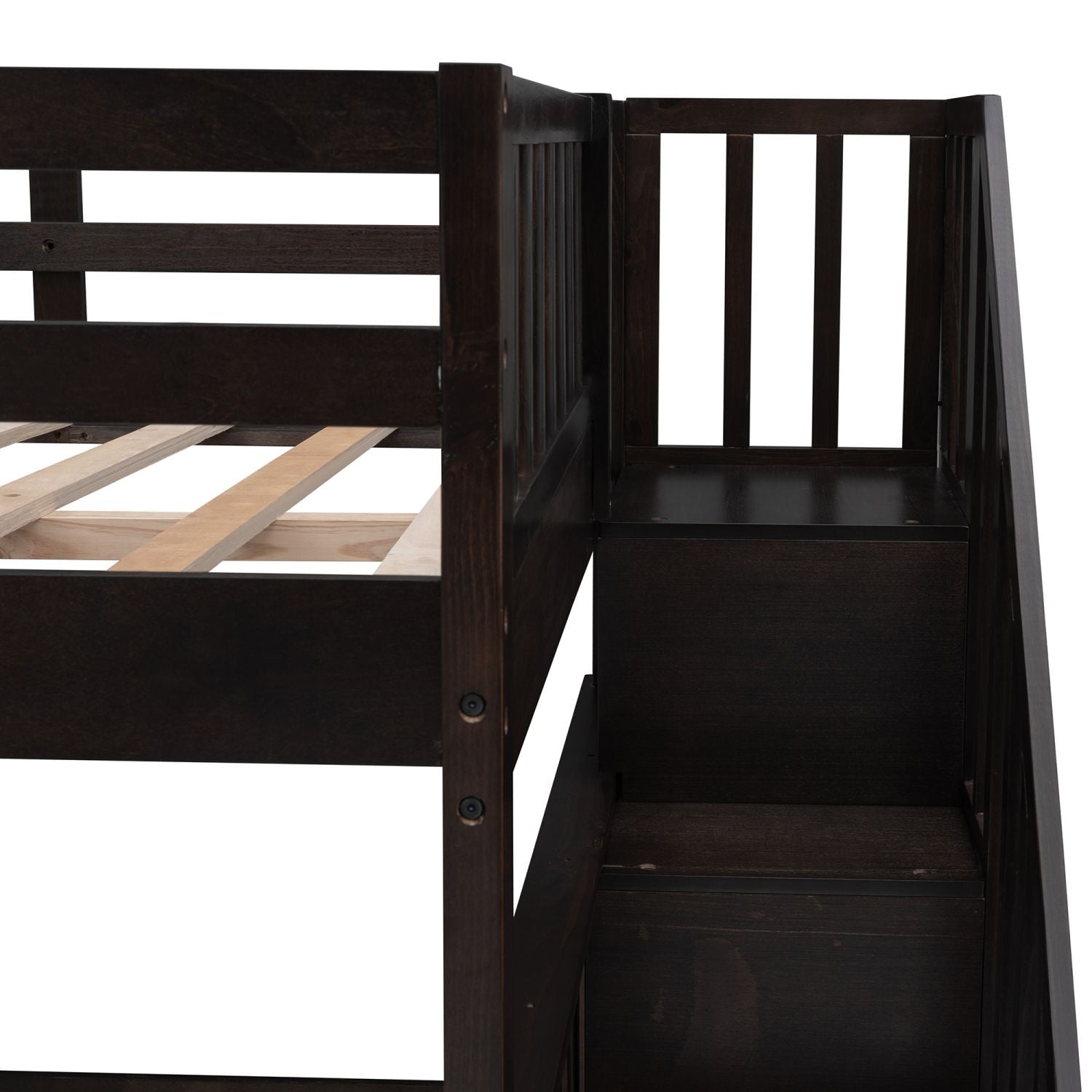 Shared Kids Room Full Over Full Wood Bunk Bed with Stairway Storage Drawers Espresso | Just Better Bunk Beds