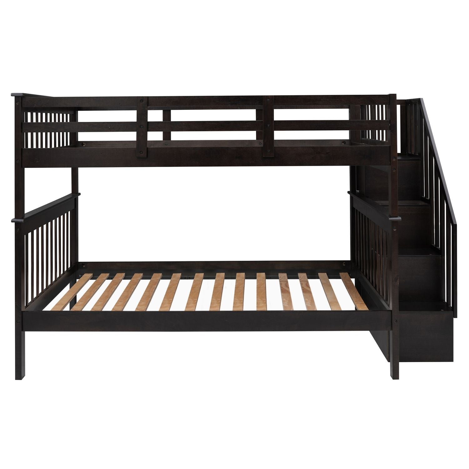 Shared Kids Room Full Over Full Wood Bunk Bed with Stairway Storage Drawers Espresso | Just Better Bunk Beds