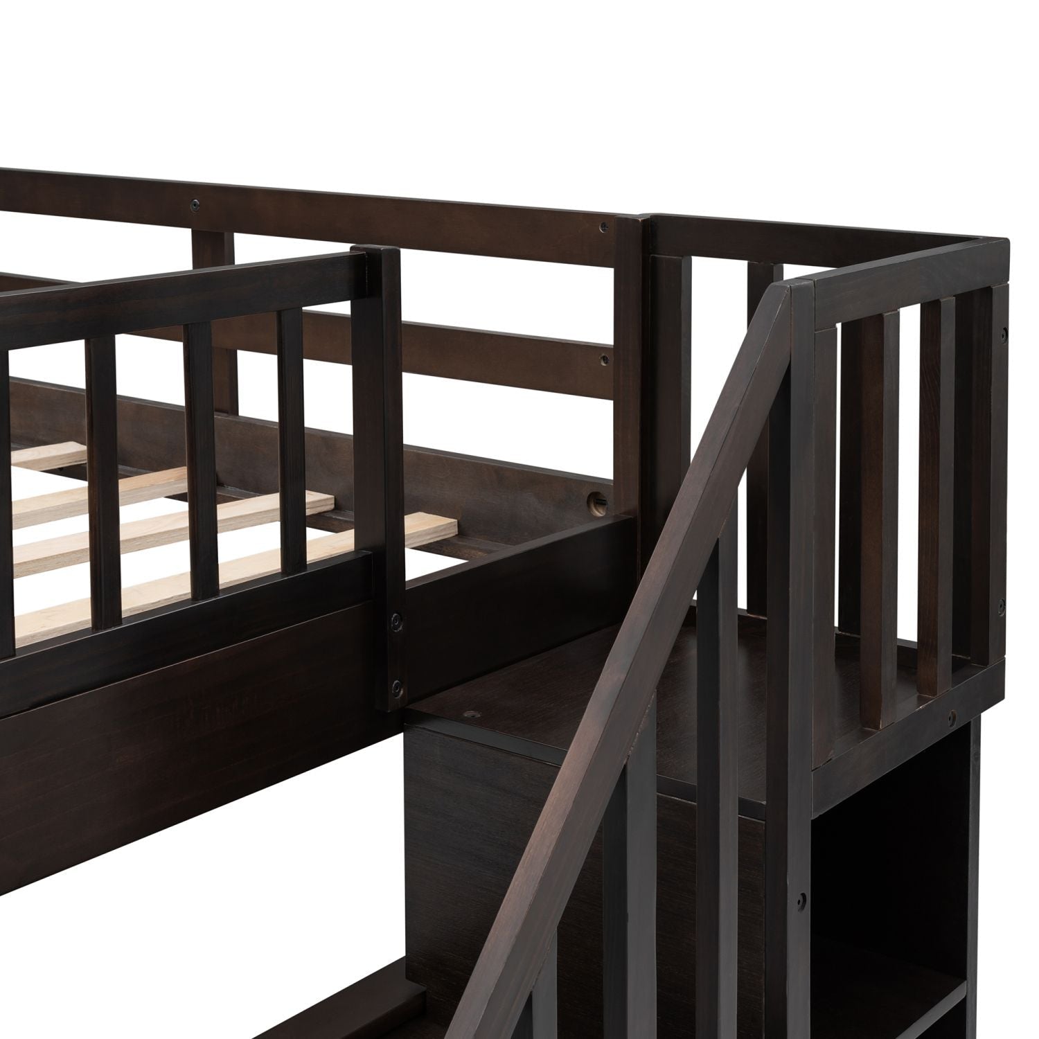 Shared Kids Room Full Over Full Wood Bunk Bed with Stairway Storage Drawers Espresso | Just Better Bunk Beds