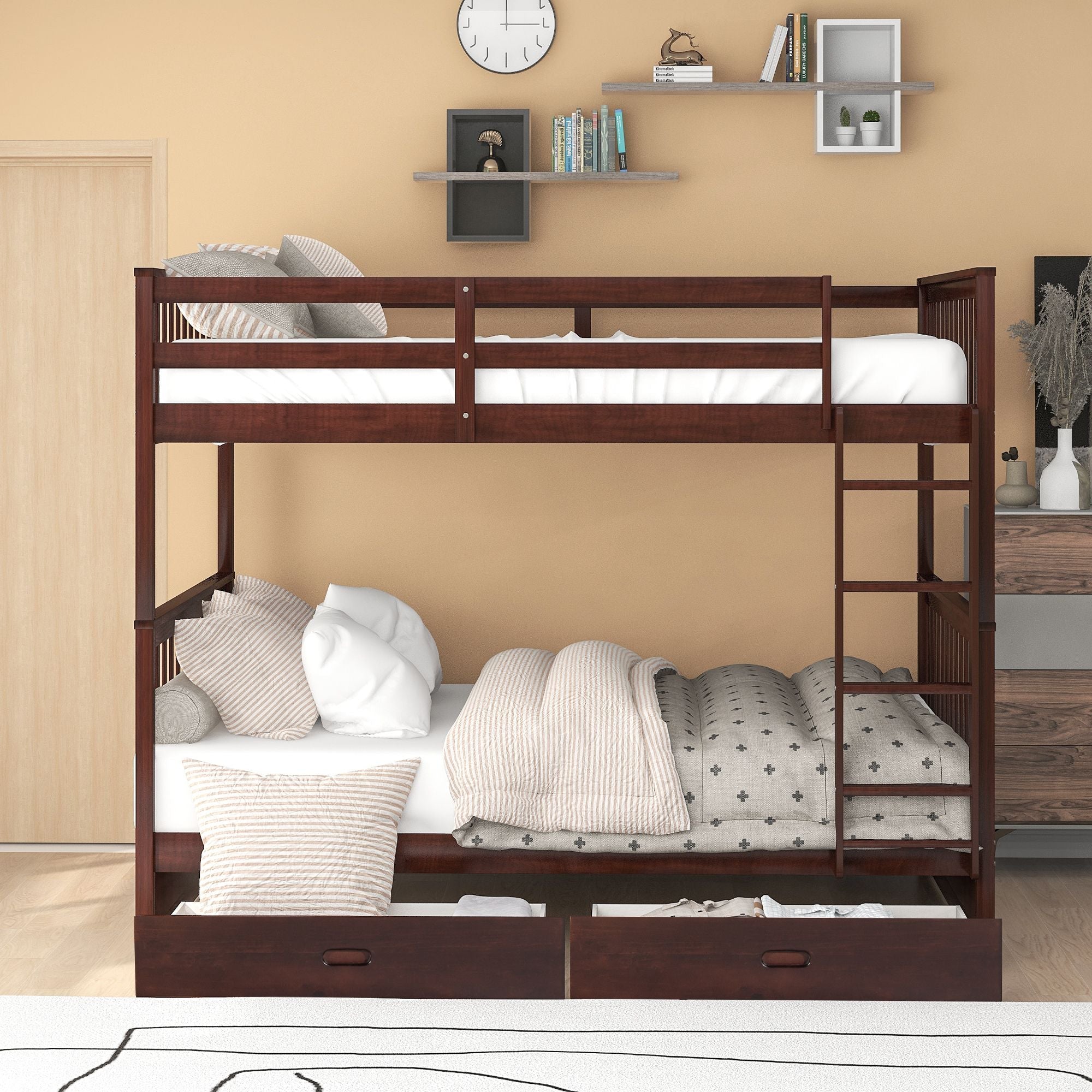Shared Kids Room Full Over Full Wood Bunk Bed with Storage Drawers and Ladder, Espresso | Just Better Bunk Beds