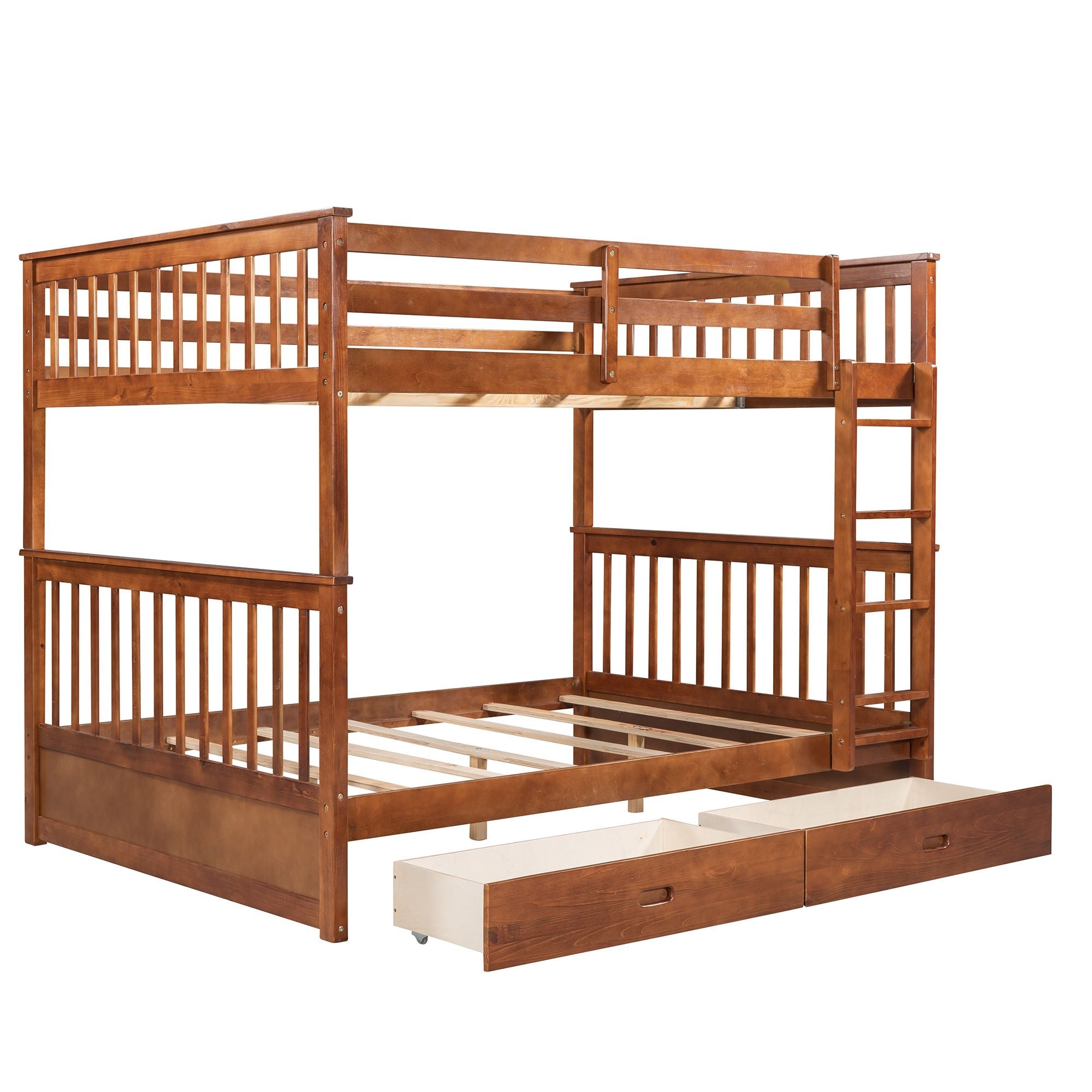 Shared Kids Room Full Over Full Wood Bunk Bed with Storage Drawers and Ladders Walnut Finish | Just Better Bunk Beds