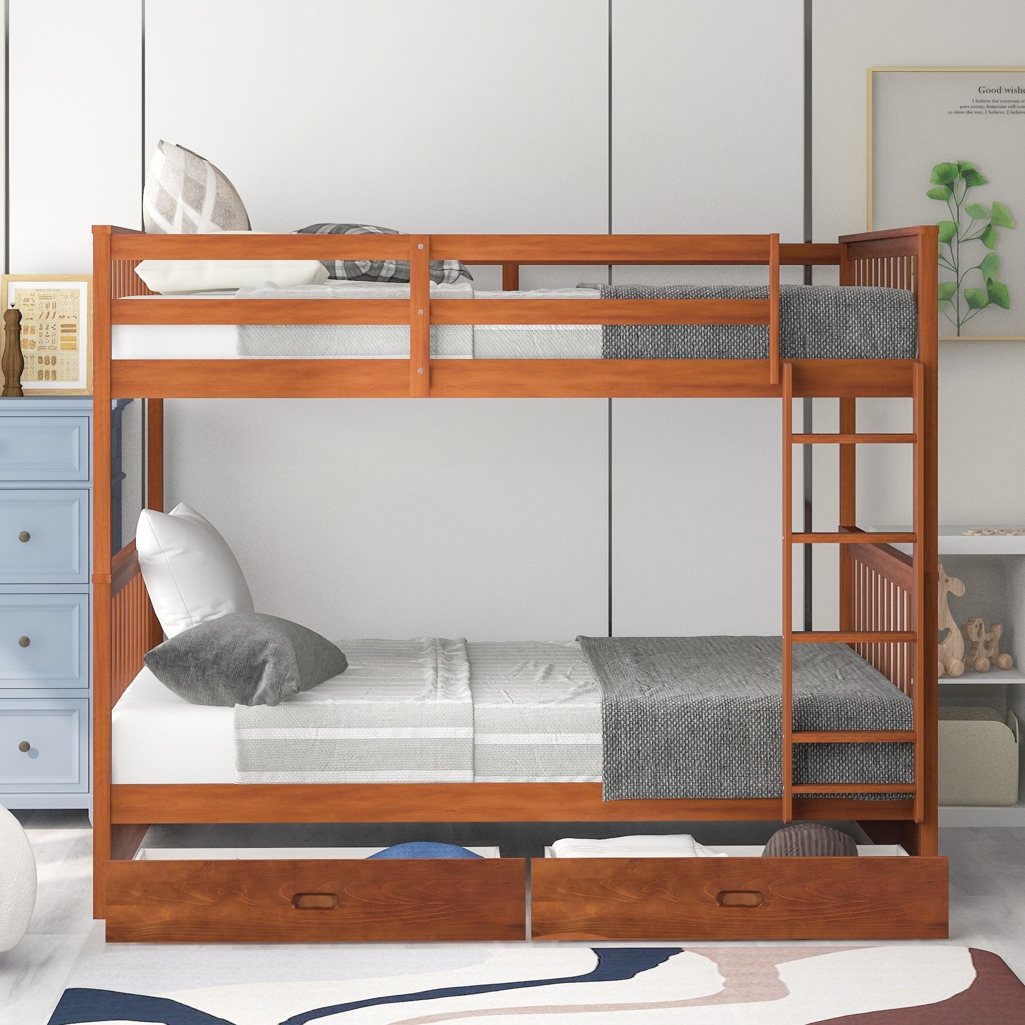Shared Kids Room Full Over Full Wood Bunk Bed with Storage Drawers and Ladders Walnut Finish | Just Better Bunk Beds